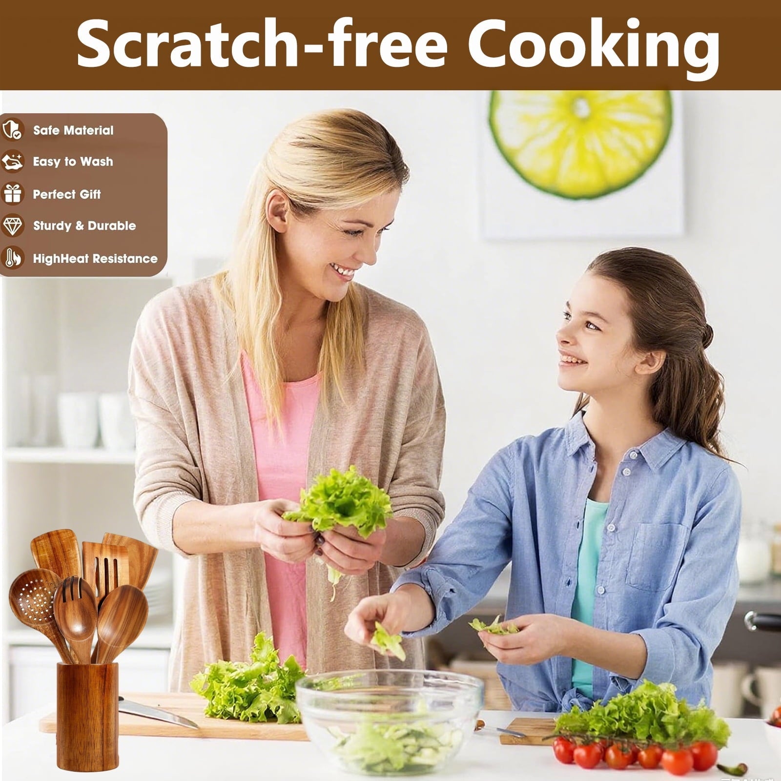 Premium Silicone Wooden Spoons for Cooking, 8 Pcs Natural Teak Wooden Utensils Set, Non-Stick & Heat Resistant Durable Wood ... - Durable Turner & Ladle Utensil Set for Home Chefs Detail