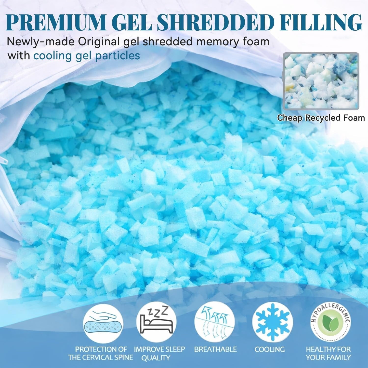 Ergonomic Memory Foam Shredded Memory Foam Pillows for Sleeping, Bed Pillows Queen Size Set of 2 Pack Adjustable for Side and Back Sleeper ... - Hotel Quality Plush Sleeping Pillows Detail