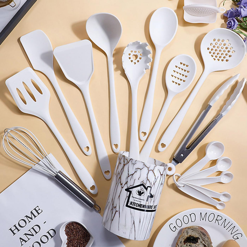 Ergonomic Cooking Silicone Cooking Utensils Set - 446°F Heat Resistant Kitchen Utensils,Turner Tongs,Spatula,Spoon,Brush,Whisk,Kitchen ... - Premium Stainless Steel Cooking Utensil for Non-Stick Pots Detail