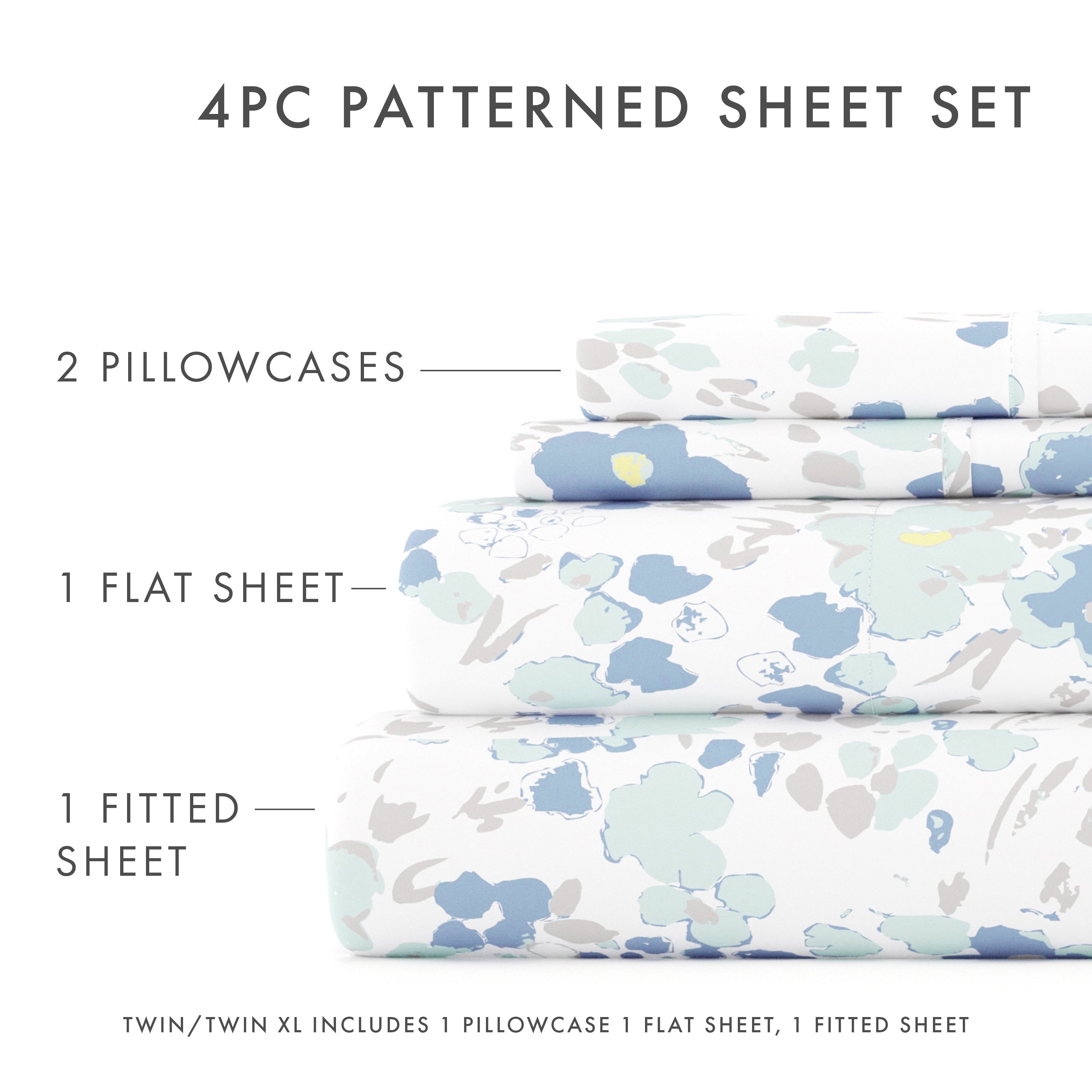Ultra-Soft 4 Piece Pattern Microfiber Bed Sheets Set, Light Blue Violets, Full - Breathable Egyptian Cotton Flat & Fitted Sheets Detail