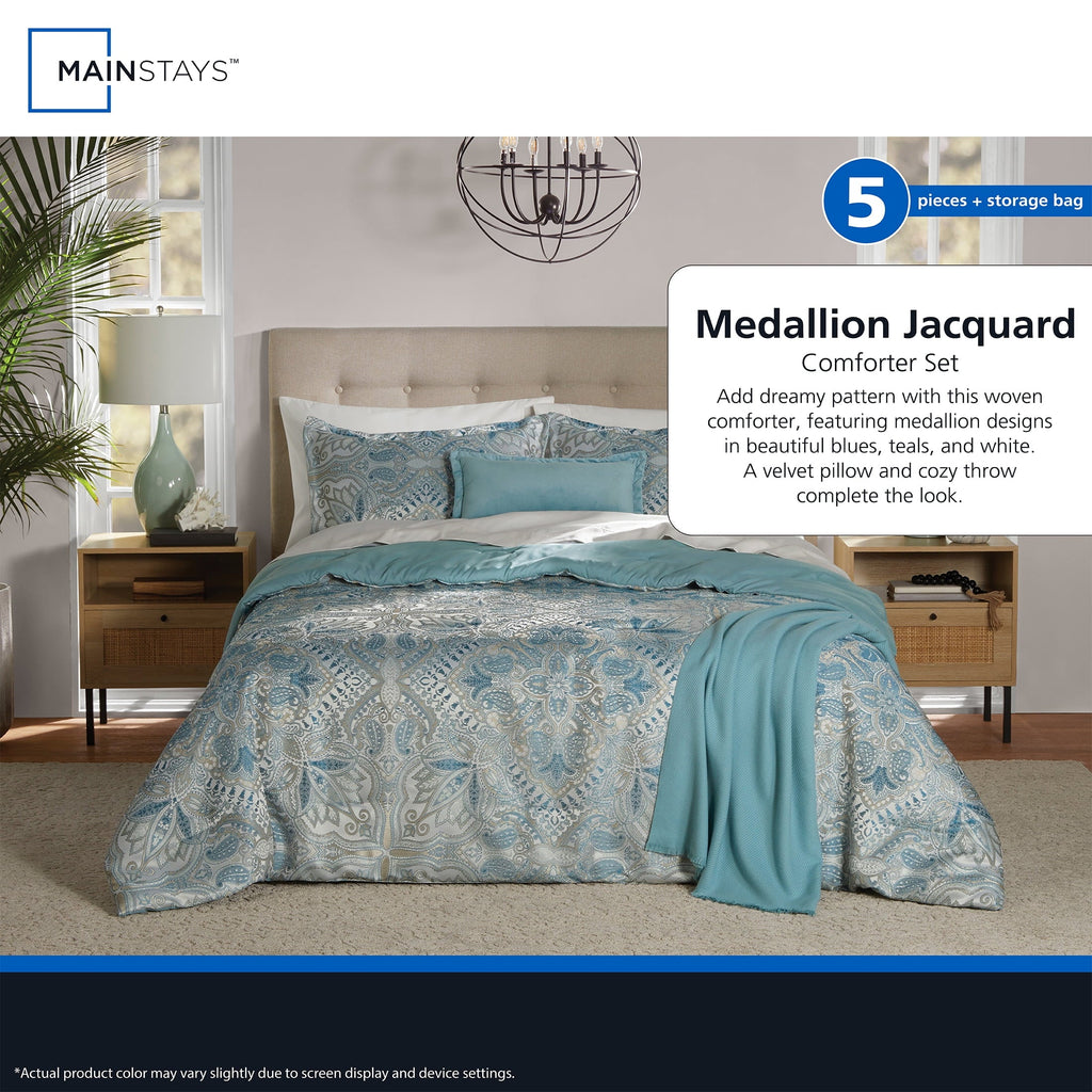 Luxurious Quilted Full/Queen Comforter Set, All-Season, 5-Piece, Teal Jacquard Medallion - Cloud-Like Soft Lightweight Bed Comforter Detail