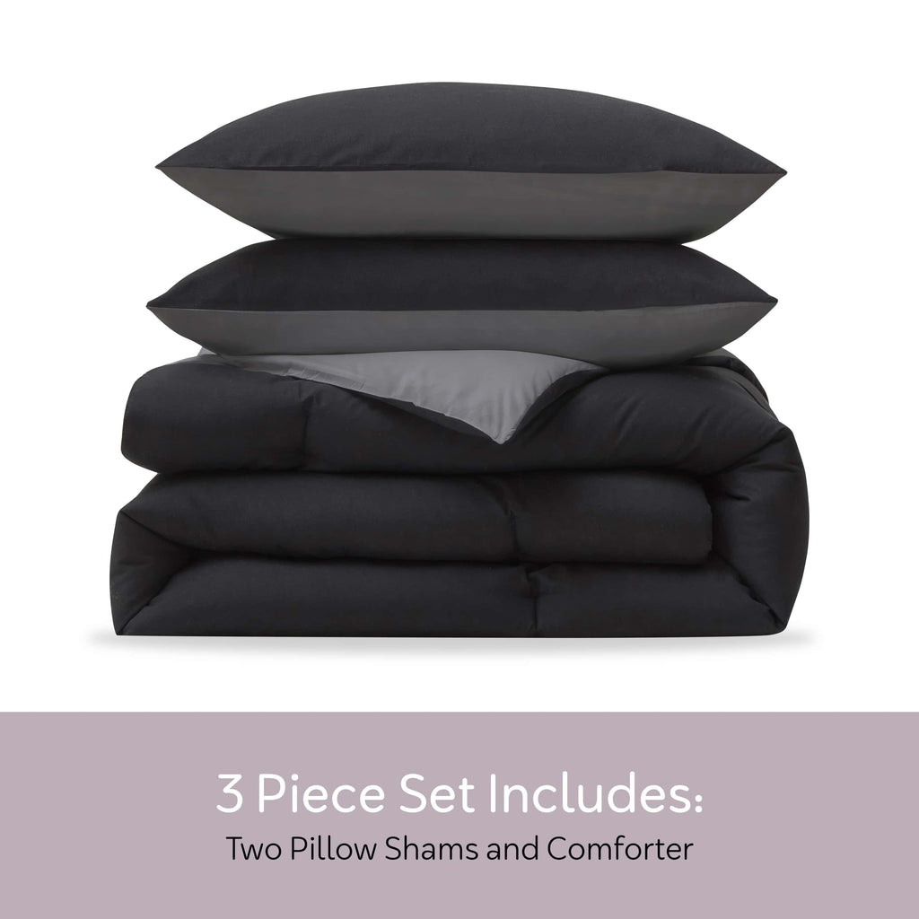 Heavyweight Warmth Comforter Sets, All Season Lightweight Reversible Queen Comforter Set, 3-Pc Bedding Sets, Black/Charcoal gray - All-Season Down Alternative Comforter Insert Detail