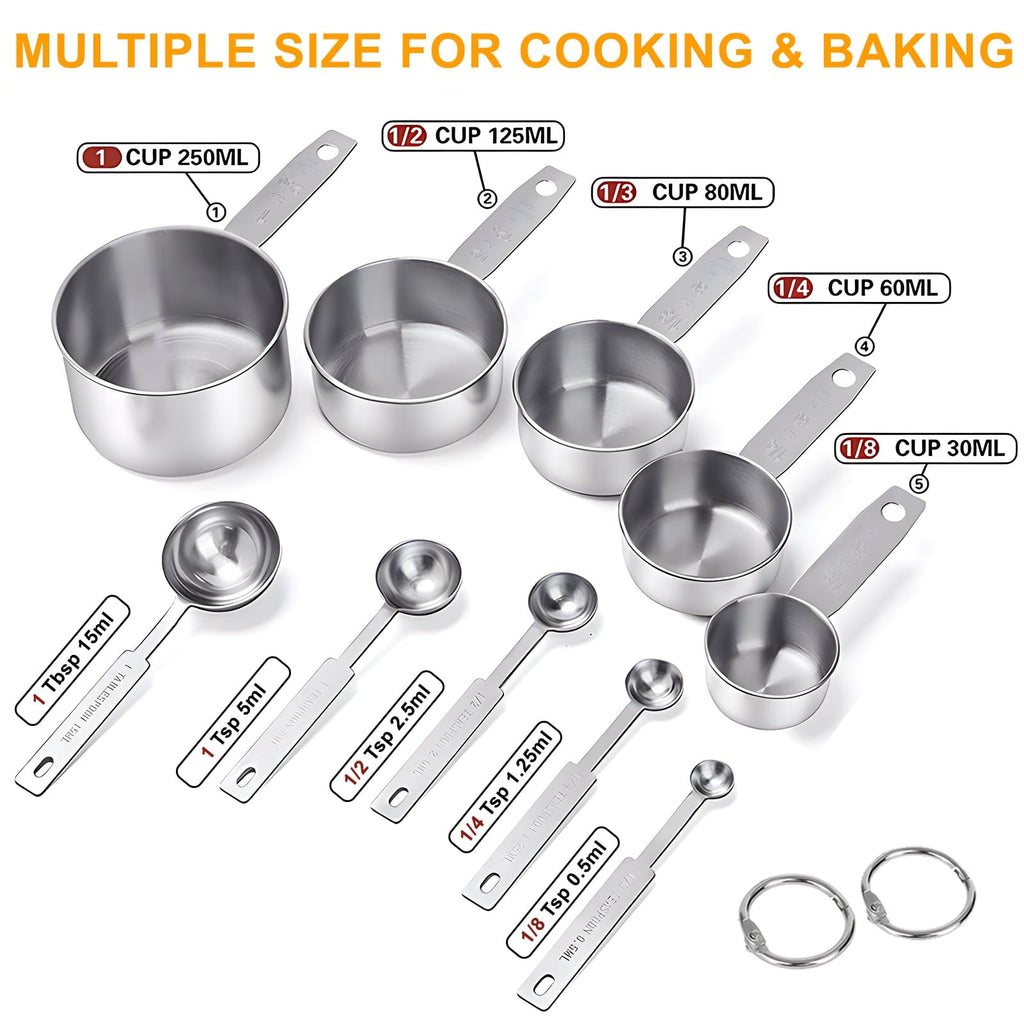 Non-Stick Safe Measuring Cups and Spoons Set of 10, 5 Stainless Steel Cups and 5 Spoons for Kitchen Cooking Baking - Premium Stainless Steel Cooking Utensil for Non-Stick Pots Detail