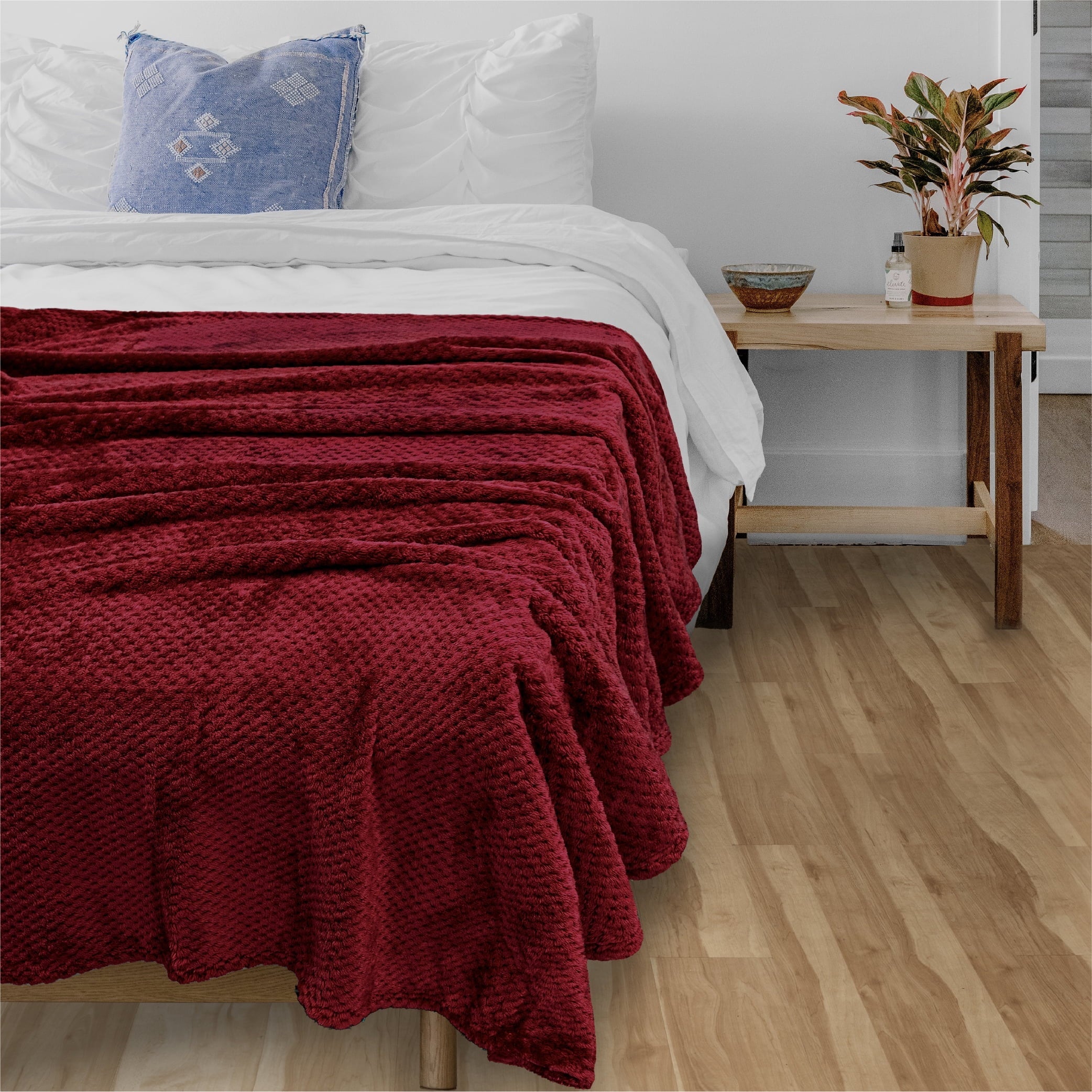Lightweight Warm Maroon Red Throw Blanket for Couch, Twin Bed, Soft Fleece Throws for Sofa Chair, Fuzzy Waffle Textured Blanket, Cozy ... - Luxury Knitted Decorative Throw Blanket with Fringes Detail