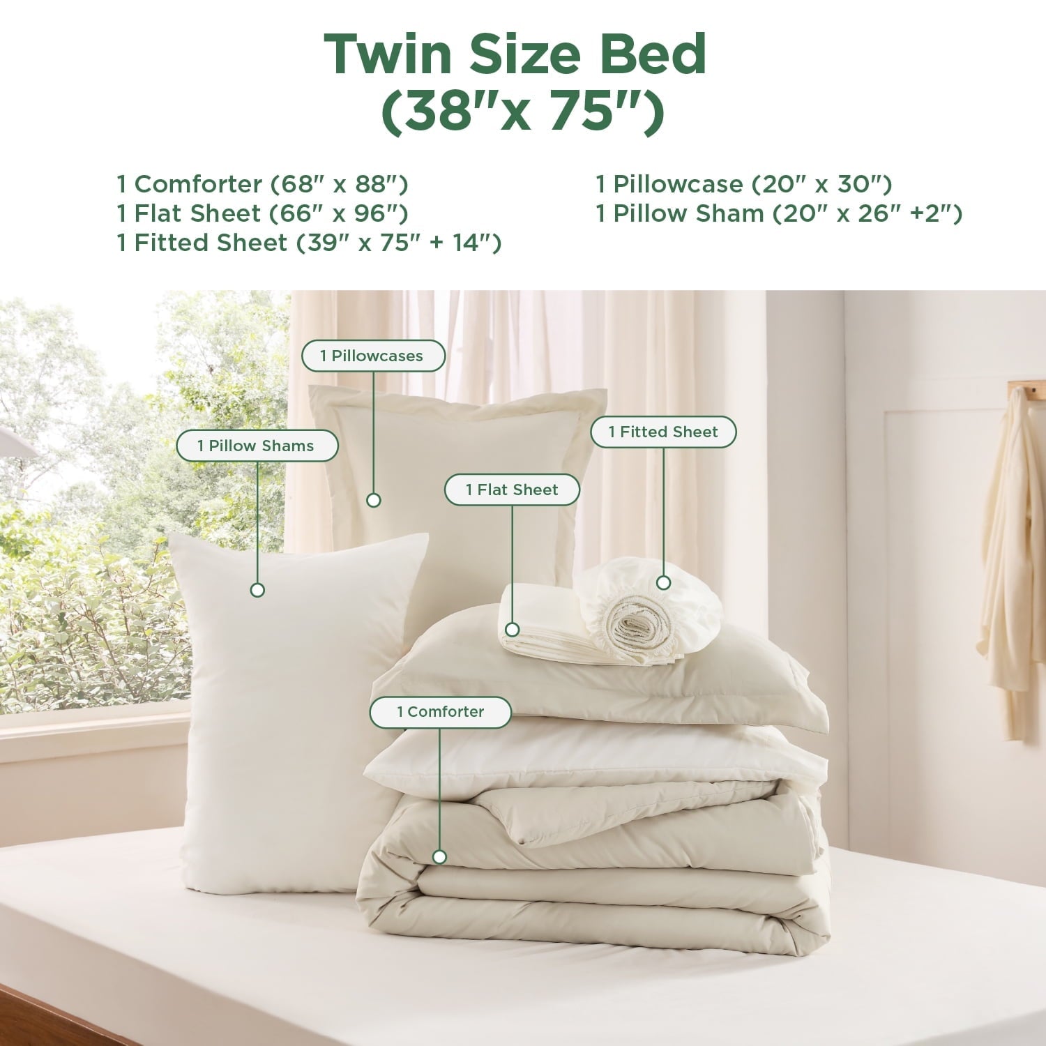 Fluffy Down Alternative Twin Comforter Set Beige, 5 Pieces Lightweight Twin Bedding Sets Boho with Comforter, Sheet, Pillowcase & Sham - All-Season Down Alternative Comforter Insert Detail