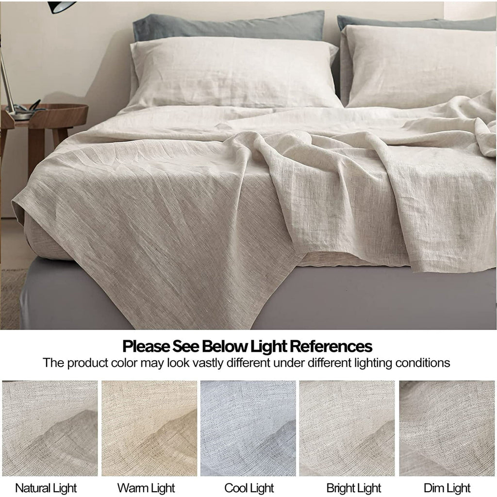 Cooling Sateen 100% Linen Sheet Set Solid Color-4 Pcs Washed French Linen Bed Sheets(1 Flat Sheet,1 Fitted Sheet,2 Pillowcases)-Brea... - Cooling Hotel Quality Bedding Sheets and Pillowcases Detail