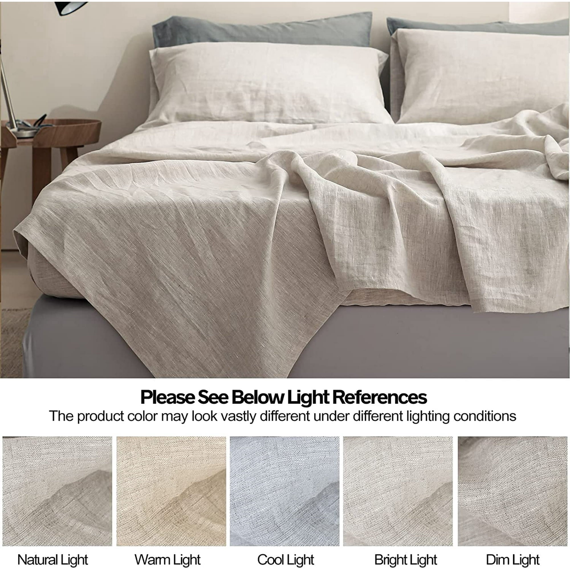 Cooling Sateen 100% Linen Sheet Set Solid Color-4 Pcs Washed French Linen Bed Sheets(1 Flat Sheet,1 Fitted Sheet,2 Pillowcases)-Brea... - Cooling Hotel Quality Bedding Sheets and Pillowcases Detail