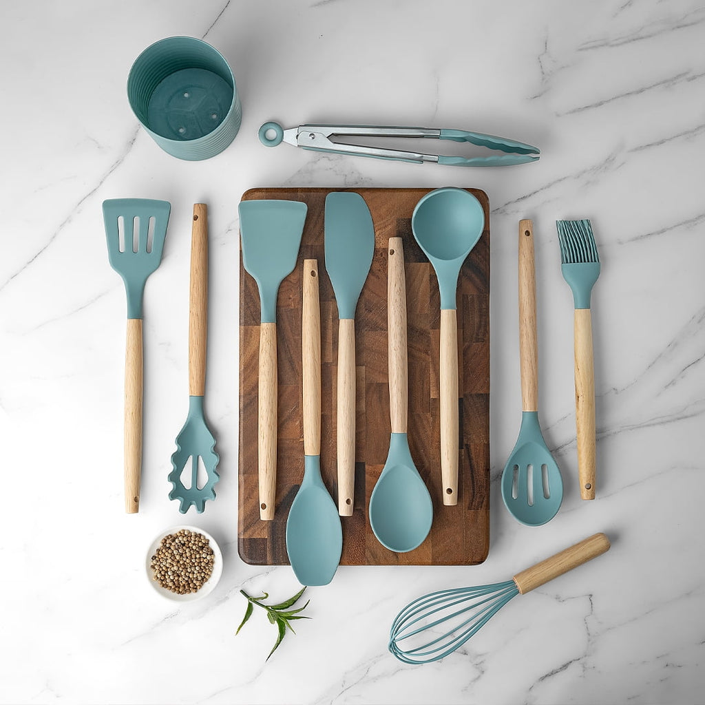 Non-Stick Safe Small Silicone Cooking Utensils with Holder Set (12Pack), Aqua Kitchen Tools with Wooden Handle for Nonstick... - Heat-Resistant Silicone Cooking Spatula Turner Detail