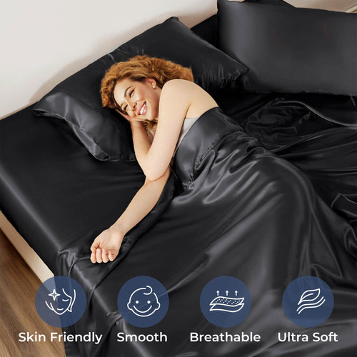 Breathable Luxury Set, Queen, Silky Bed s, 4 Pieces,Black - Cooling Hotel Quality Bedding Sheets and Pillowcases Detail