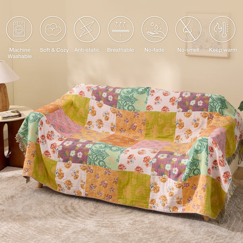 Reversible Sherpa 100% Cotton Boho Blankets for Home Decor – Colorful Patchwork Reversible Farmhouse Quilt Bedding, Vintage Woven Decor... - Luxury Knitted Decorative Throw Blanket with Fringes Detail