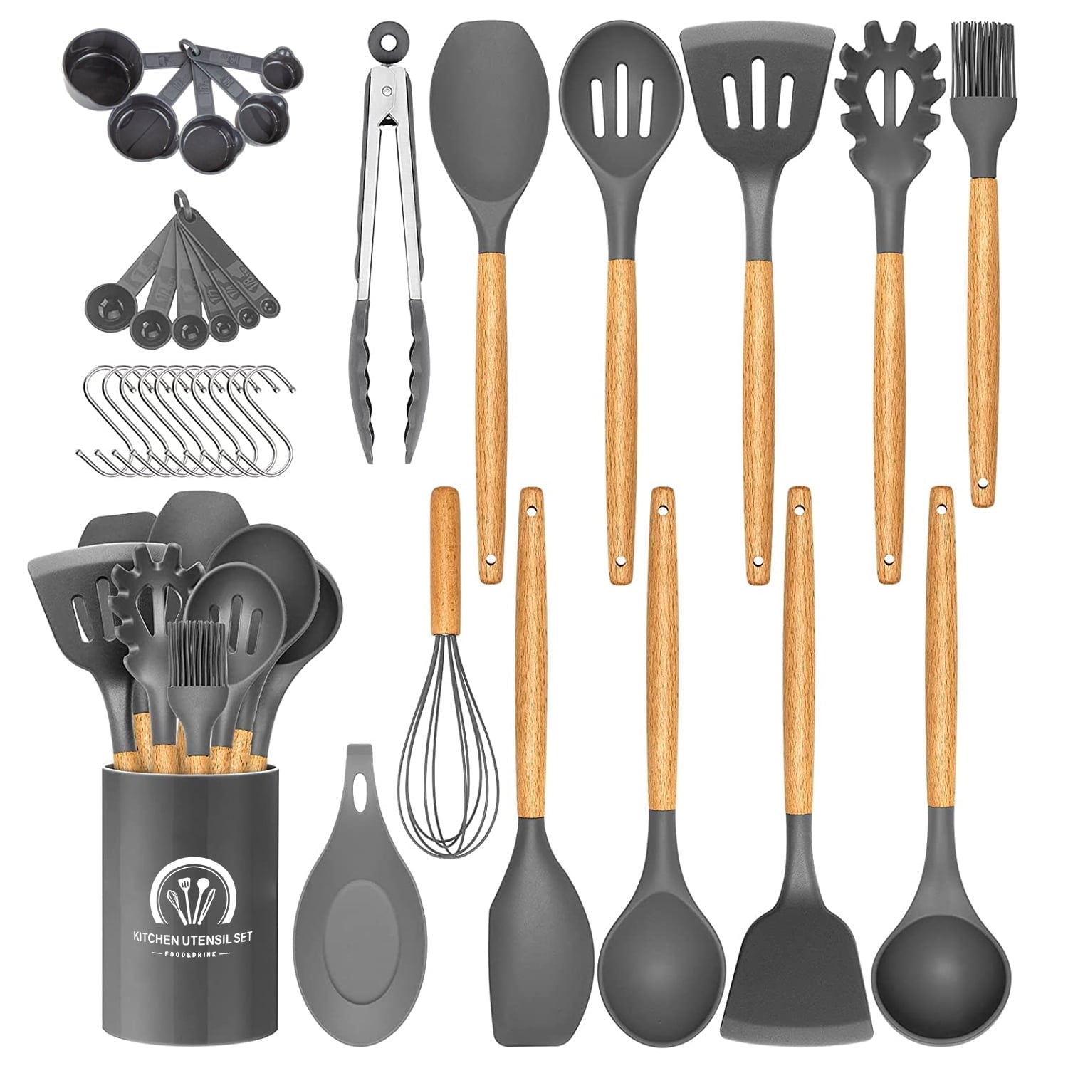 Seamless One-Piece Silicone Cooking Utensils Set, 446°F Heat Resistant Wooden Handle Cooking Kitchen Utensils Spatula Set with Holder fo... - Durable Turner & Ladle Utensil Set for Home Chefs - Default Title