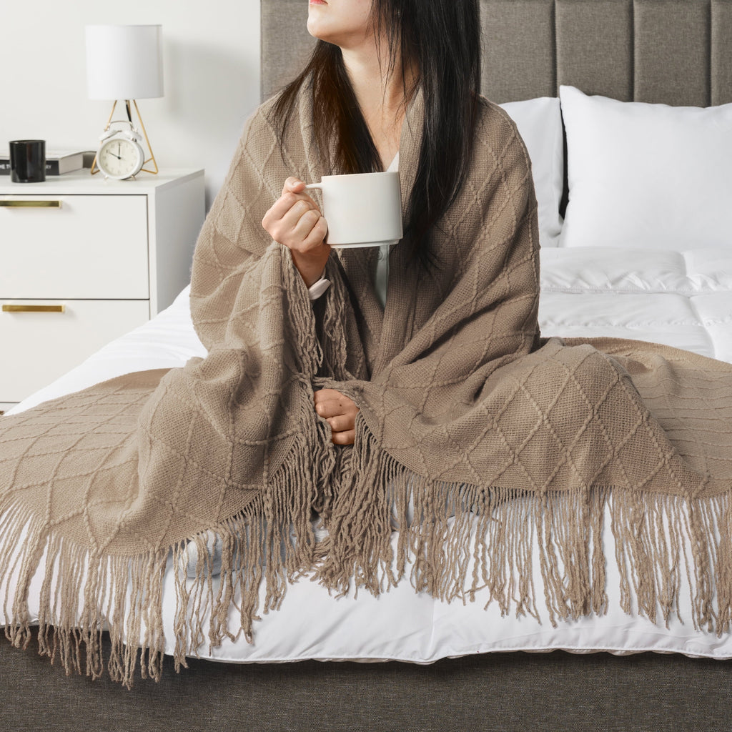 Reversible Sherpa Tan Taupe Knit Throw Blanket for Couch Bed, Soft Knitted Farmhouse Sofa Throw for Living Room, Lightweight Decorative... - Luxury Knitted Decorative Throw Blanket with Fringes Detail