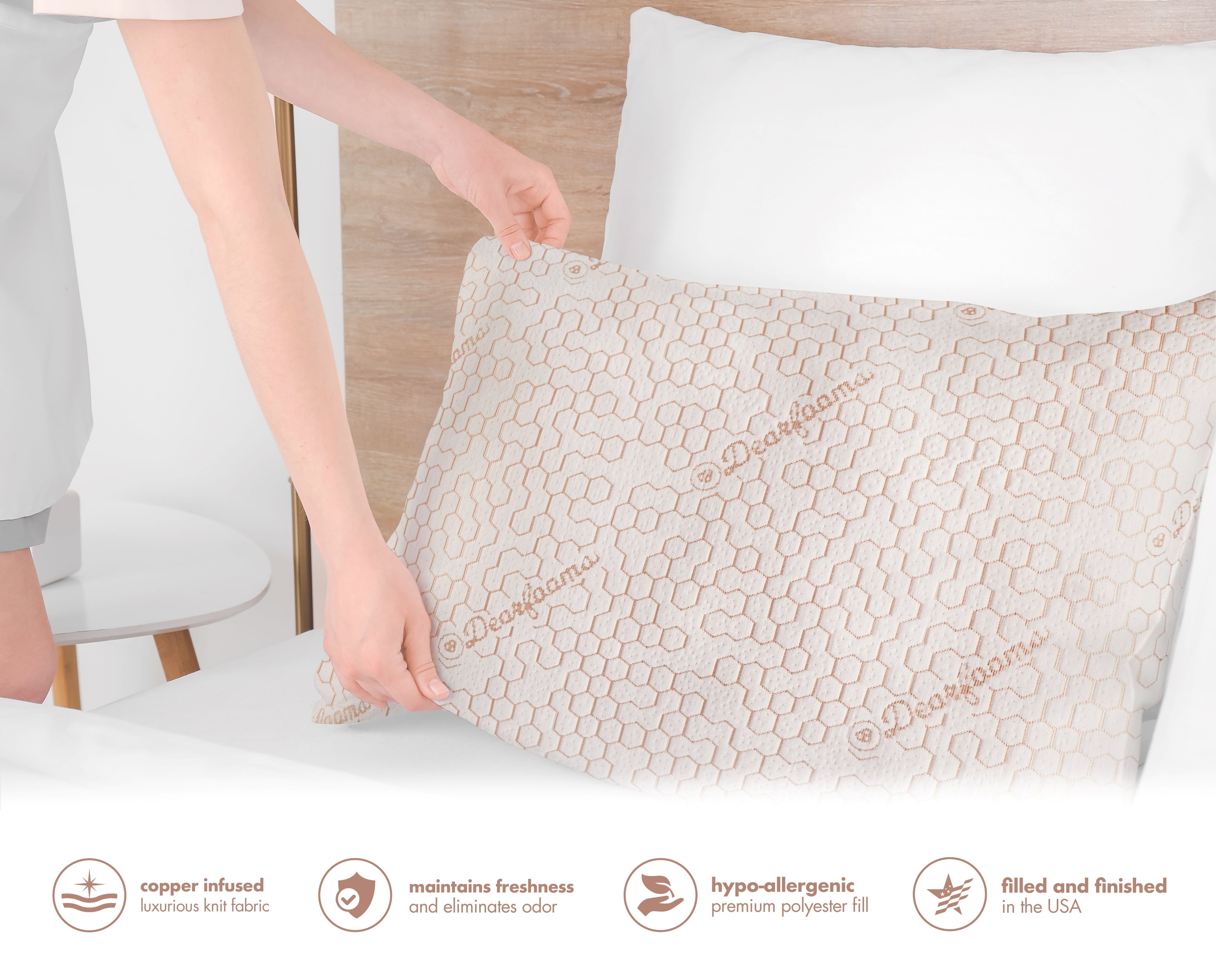Decorative Plump Cozy Copper Infused Bed Pillow Standard, White - Hotel Quality Plush Sleeping Pillows Detail