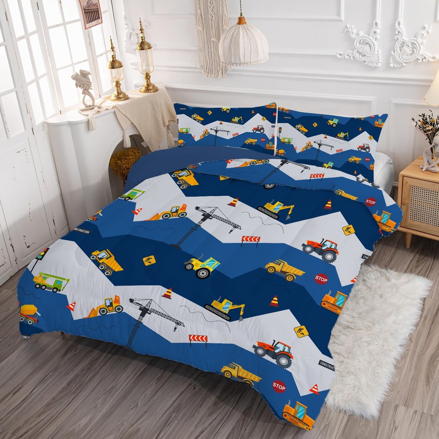 Fluffy Down Alternative Car Comforter Set Construction Bedding Set for Boys Kids Trucks Comforter Cartoon Car Excavator Tractor Blue 3Pcs Twin - Cloud-Like Soft Lightweight Bed Comforter Detail