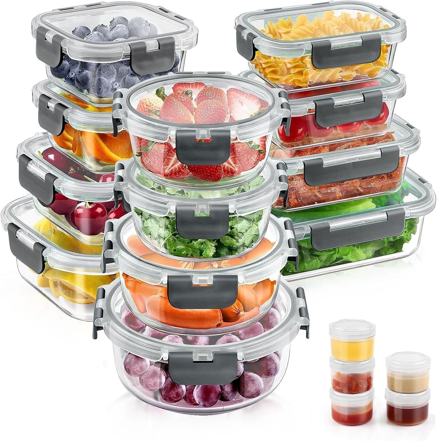 Whimsical Doughnut 34pcs Glass Food Storage Containers with Lids Set, Airtight Meal Prep Containers (17 Containers & 17 Lids), Grey - Fun Food Fidget Cookie Squishable Toy - Default Title