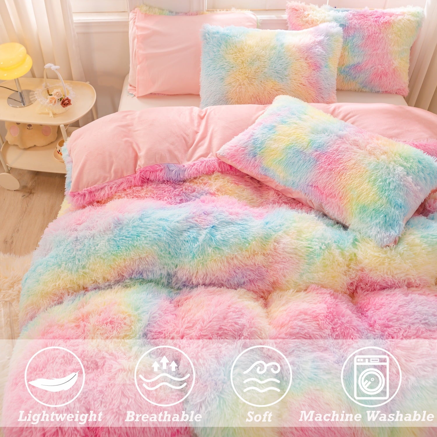 Heavyweight Warmth 3Pcs Pink Faux Fur Twin Comforter Set for Girls Tie Dye Rainbow Kid Bed Set Plush Shaggy Bedding Sets Fuzzy Bed Comfo... - All-Season Down Alternative Comforter Insert Detail