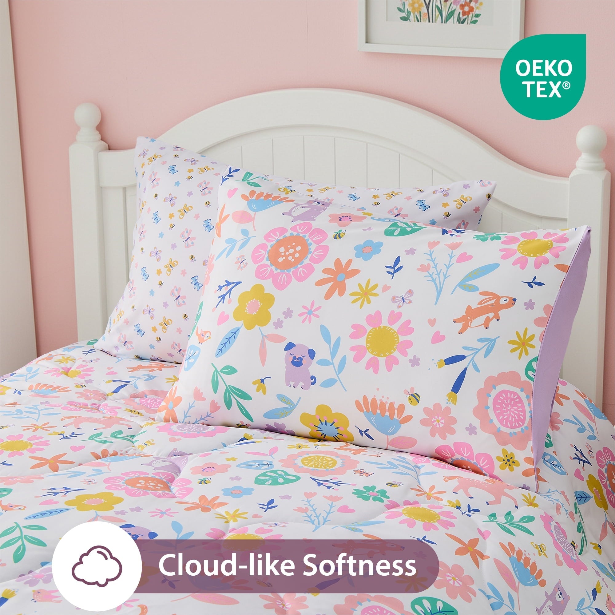 Luxurious Quilted Floral Comforter Set, Soft Microfiber Flower Bedding Set, 5 Pieces with Comforter, Sheets and Pillowcases, Twin - All-Season Down Alternative Comforter Insert Detail