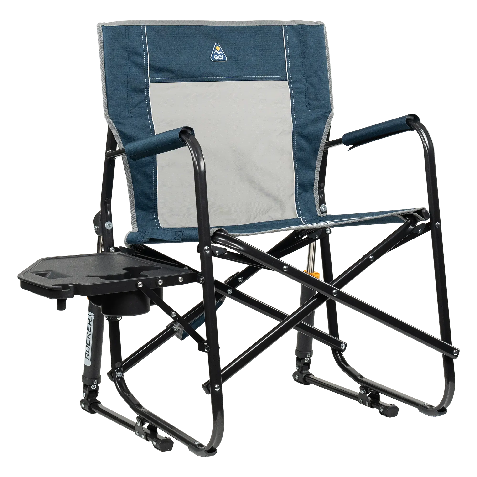 Premium All-Weather Freestyle Rocker with Side Table - Choice 853 - Patented Spring-Action Rocking Chair for Camping - Heathered Indigo