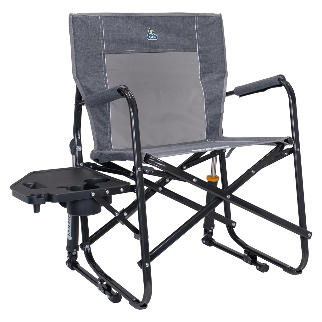 Premium All-Weather Freestyle Rocker with Side Table - Choice 853 - Patented Spring-Action Rocking Chair for Camping - Heathered Pewter