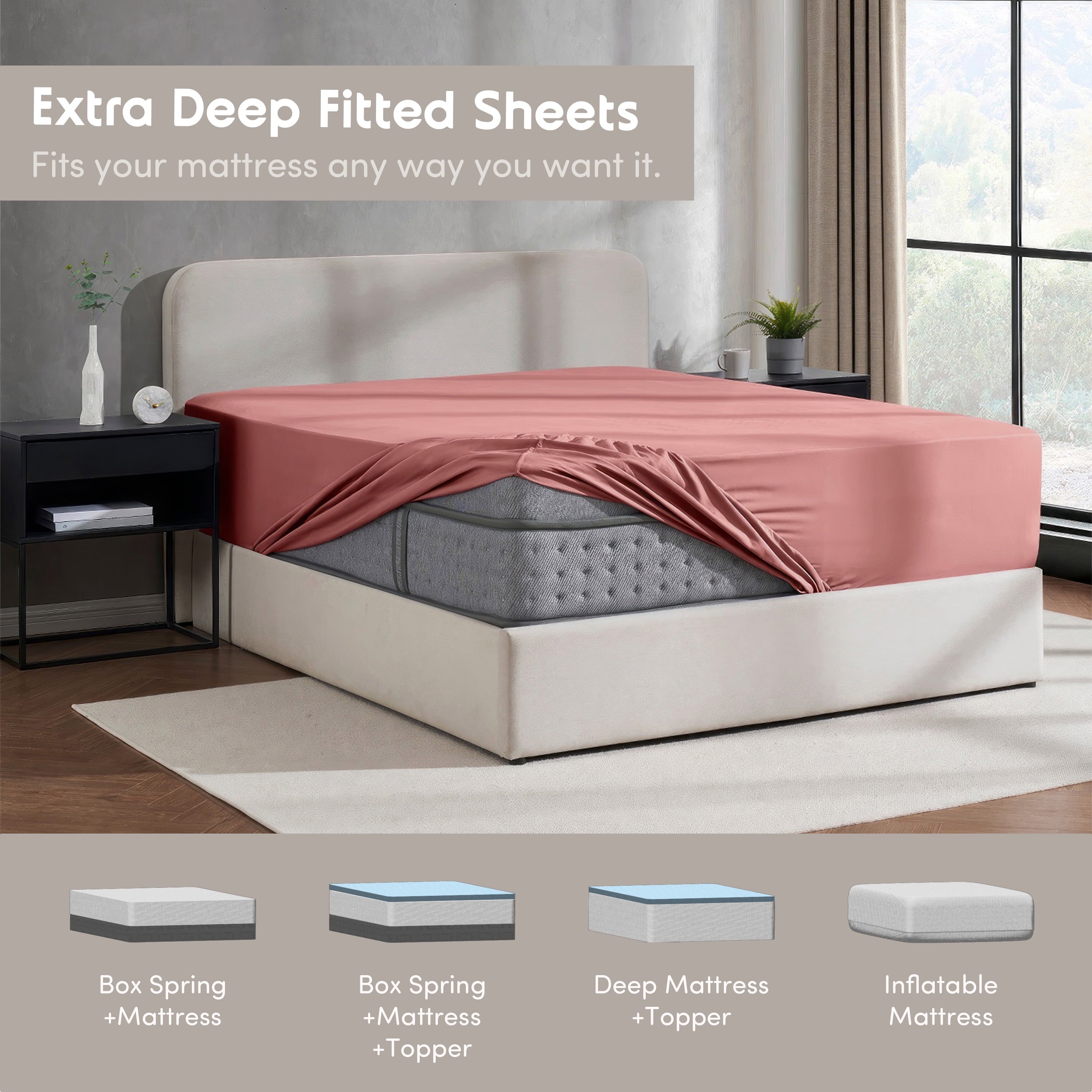 Breathable Luxury Extra Deep Pocket Twin XL Fitted Sheet Only, Fits 18" to 24" Mattress, Soft Microfiber Fitted Bed Sheet, Pink Clay - Cooling Hotel Quality Bedding Sheets and Pillowcases Detail