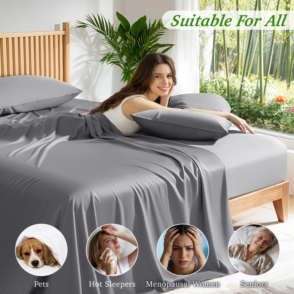 Wrinkle-Resistant Bamboo Queen Sheet Set, Luxury Soft 4 Pieces Bed Sheets with 18" Deep Pocket, Gray - Breathable Egyptian Cotton Flat & Fitted Sheets Detail