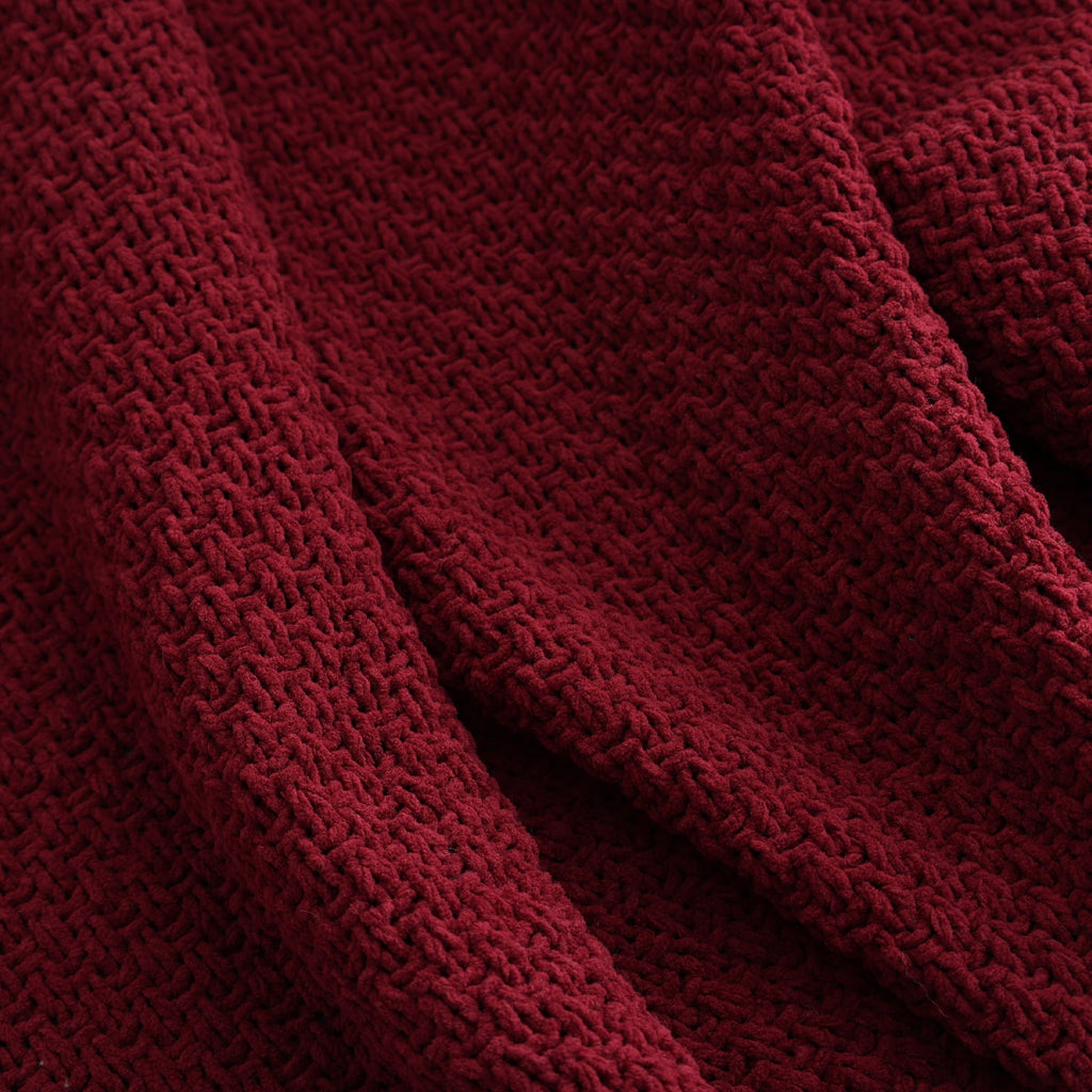 Decorative Knitted Chenille Knit Super Soft Oversized Throw Blanket, Merlot Wine - Cozy Fleece Throw Blanket for Couch & Bed Detail