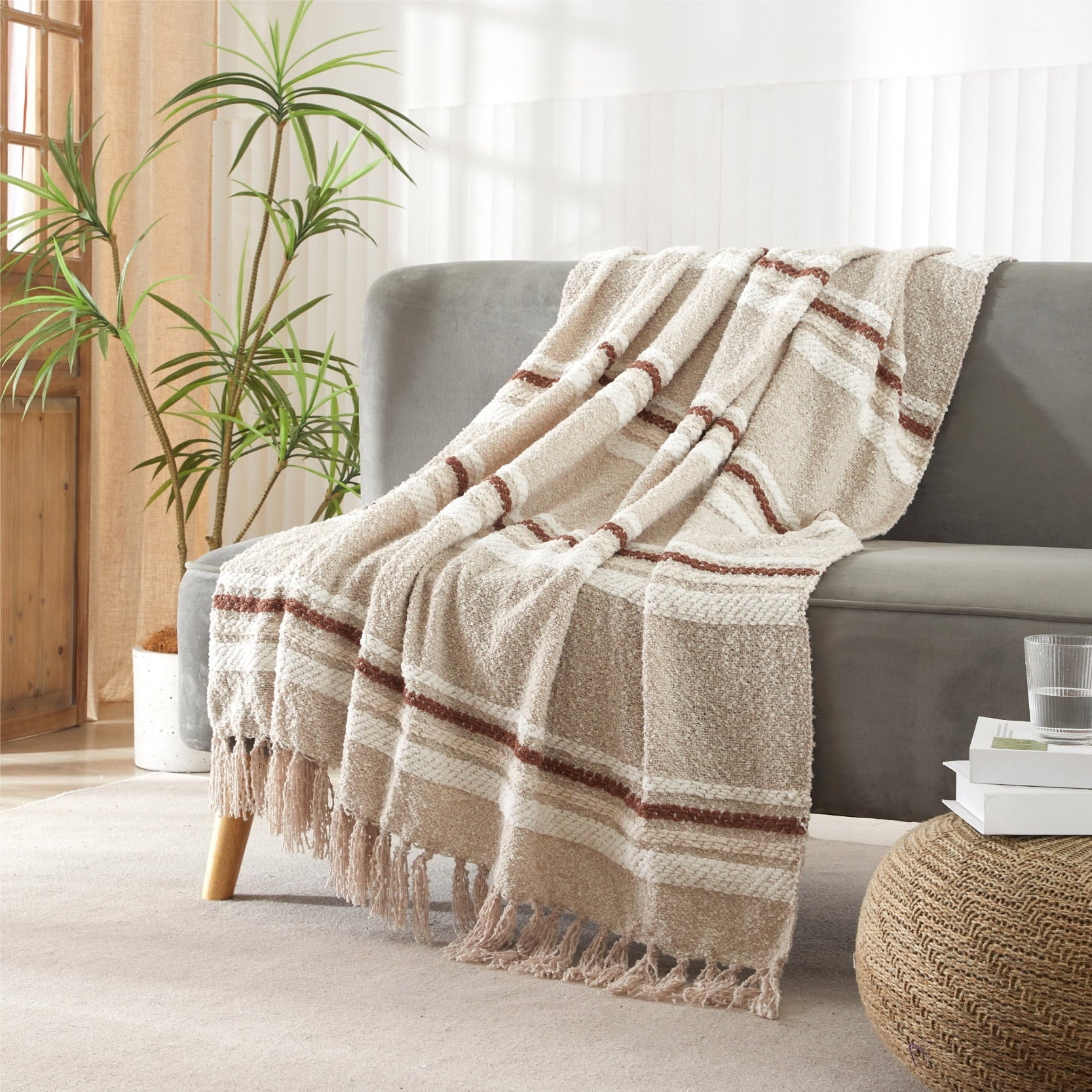 Cozy Fleece 60" x 50" Cozy Striped Porcini Chenille Throw - Lightweight Plush Warm Blanket for All Seasons Detail