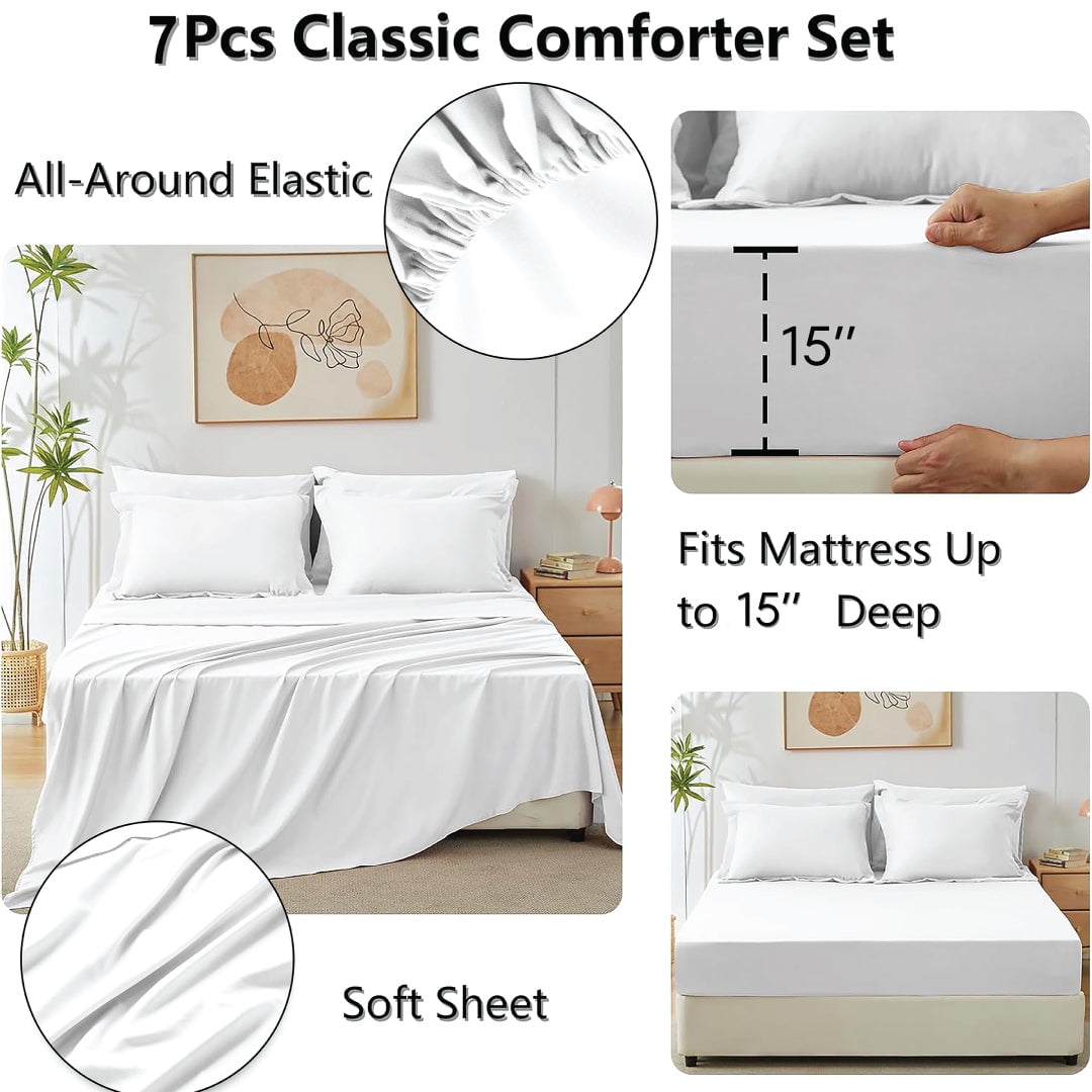 Luxurious Quilted Comforter Set 7-Piece Bed in a Bag - Adult, White, Queen - All-Season Down Alternative Comforter Insert Detail