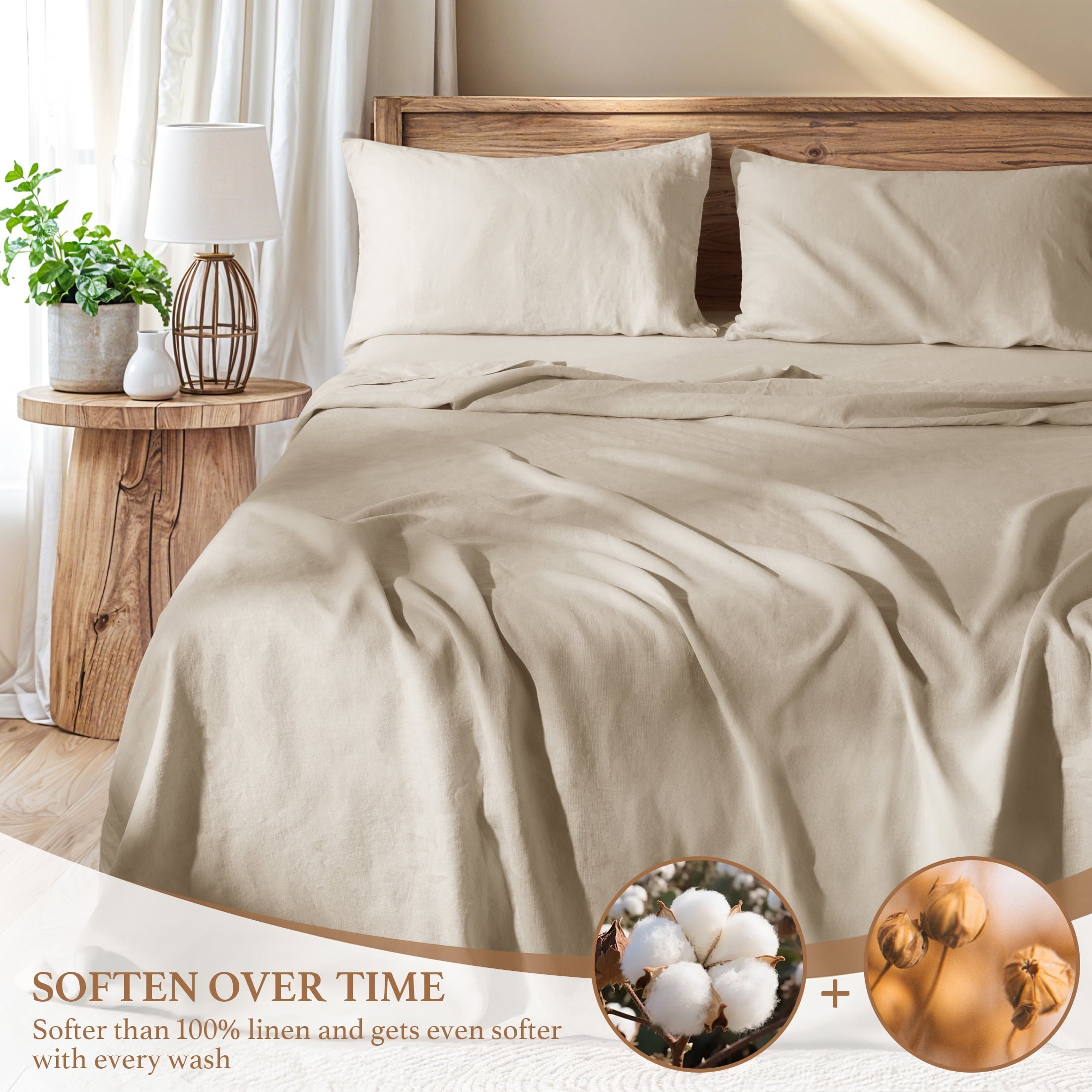 Wrinkle-Resistant Natural Linen Cotton Bed Sheets Set, Deep Pocket - Breathable - Durable - 4 Pieces (Linen, Queen) - Cooling Hotel Quality Bedding Sheets and Pillowcases Detail