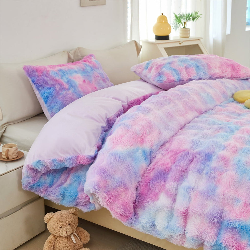 Luxurious Quilted Faux Rabbit Fur Comforter Set Twin 3Pcs Girls Blue Purple Bedding Set Tie-Dyeing Soft Bed Comforter Set Warm Fuzzy Ki... - Hypoallergenic Ultra-Fluffy Quilt for Winter Detail