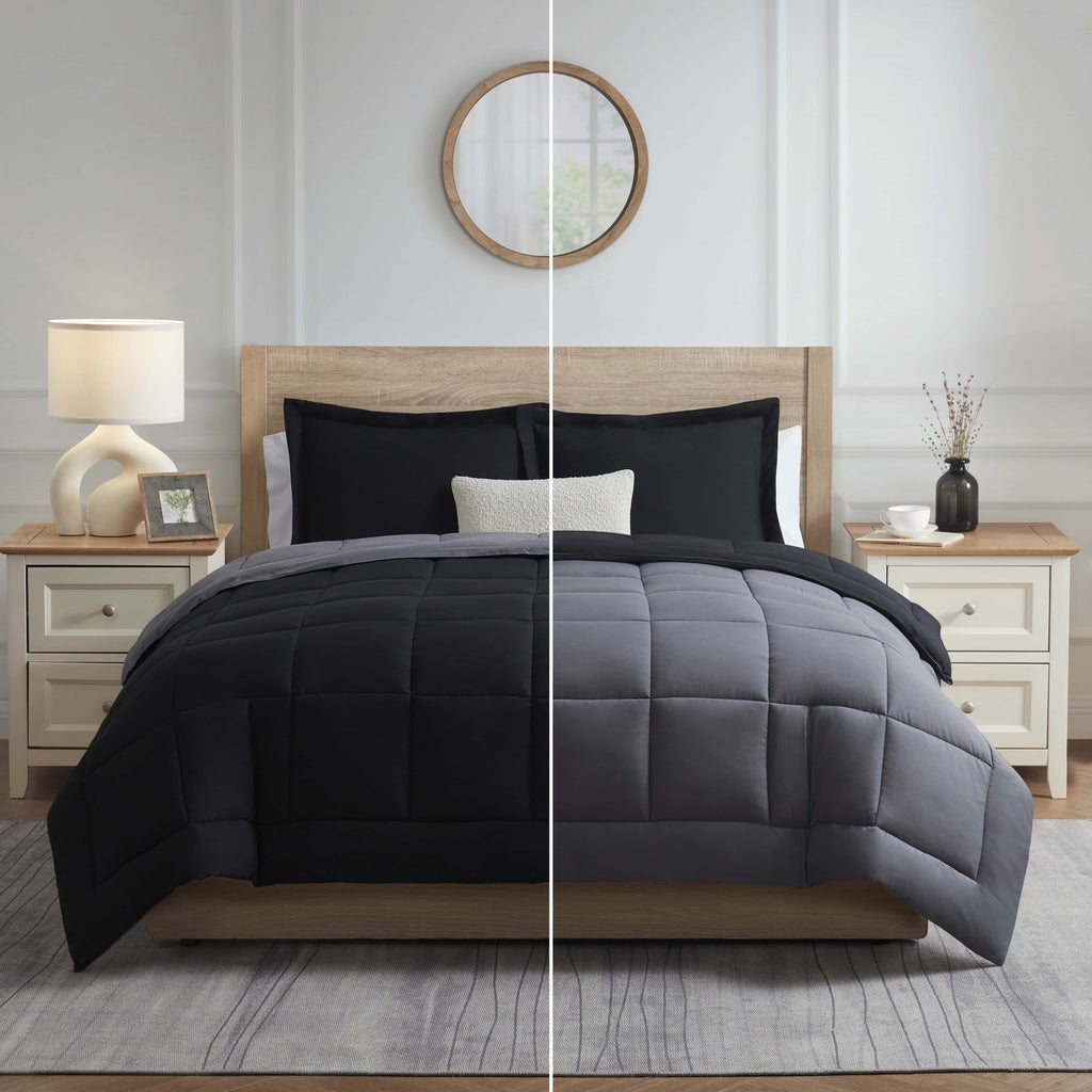 Luxurious Quilted Queen Comforter Set, 3 Piece Bed in a Bag, Reversible Down Alternative Bedding Set, Black & Gray - Luxurious Quilted Duvet Cover Set Detail
