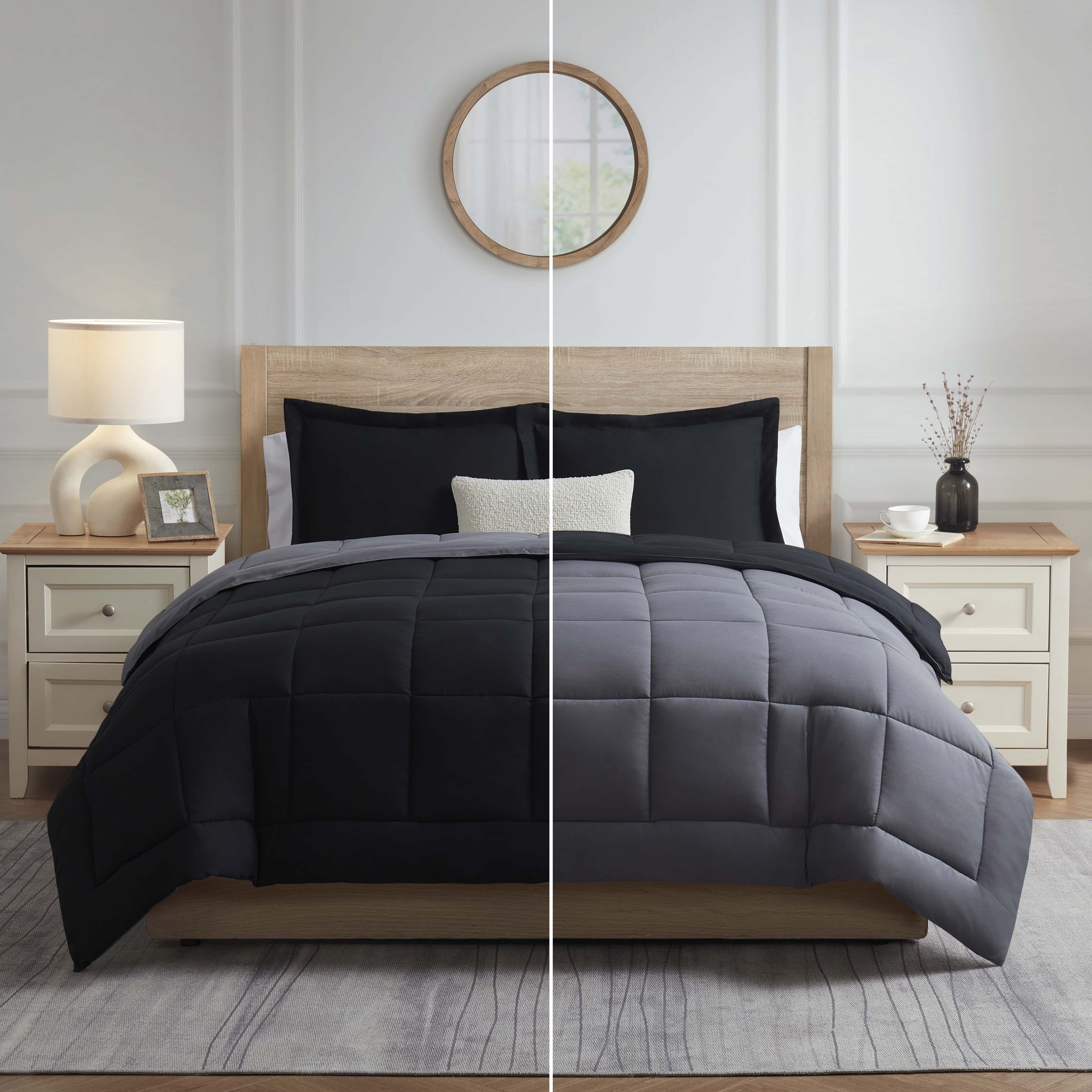 Luxurious Quilted Queen Comforter Set, 3 Piece Bed in a Bag, Reversible Down Alternative Bedding Set, Black & Gray - Luxurious Quilted Duvet Cover Set Detail