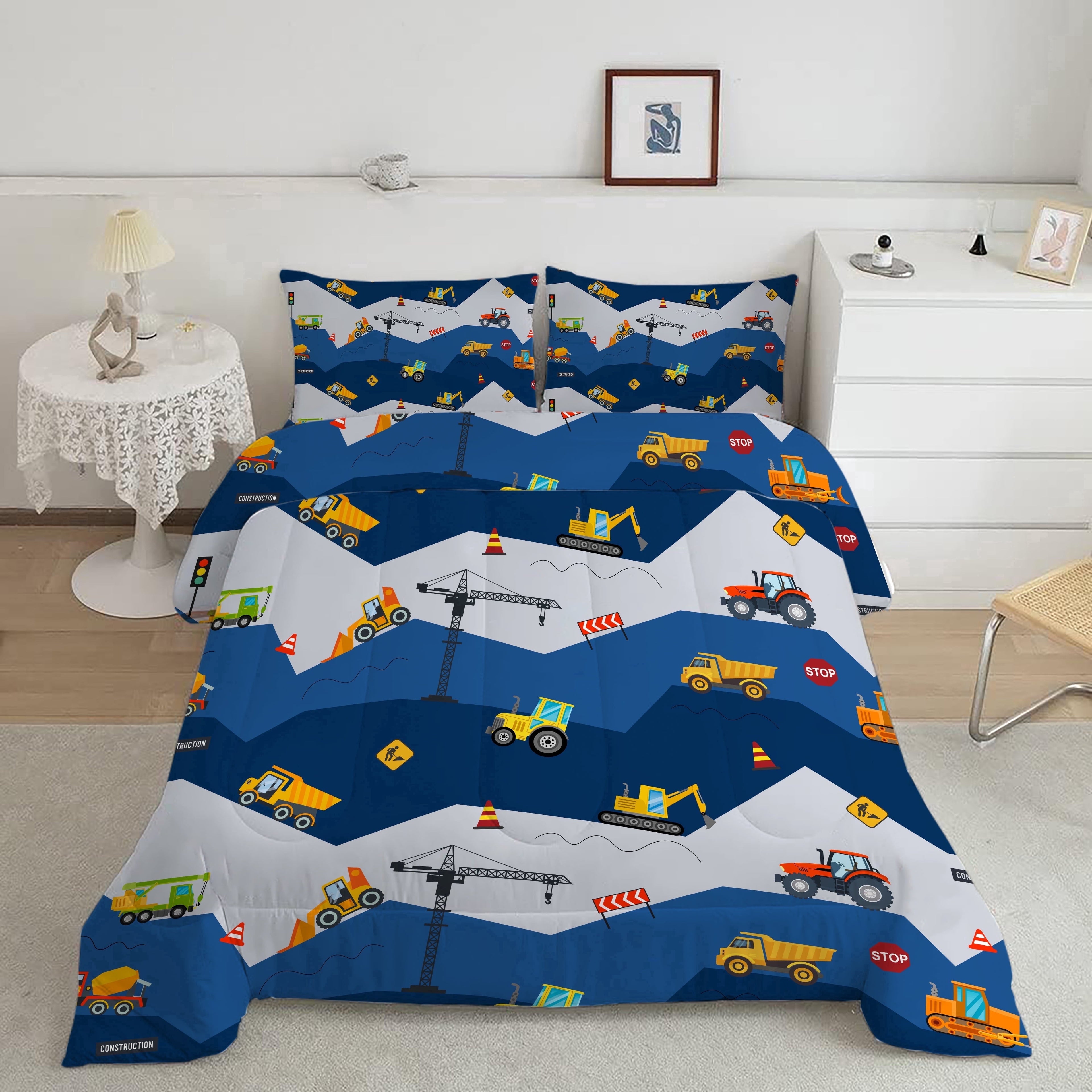 Fluffy Down Alternative Car Comforter Set Construction Bedding Set for Boys Kids Trucks Comforter Cartoon Car Excavator Tractor Blue 3Pcs Twin - Cloud-Like Soft Lightweight Bed Comforter Detail