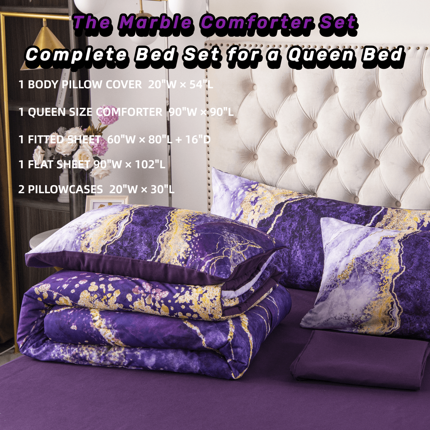 Heavyweight Warmth 6 Pieces Queen Size Comforter Set Purple,Watercolor Marble Colorful Purple Bedding,Ultra Soft Purple Bed Set with Com... - All-Season Down Alternative Comforter Insert Detail