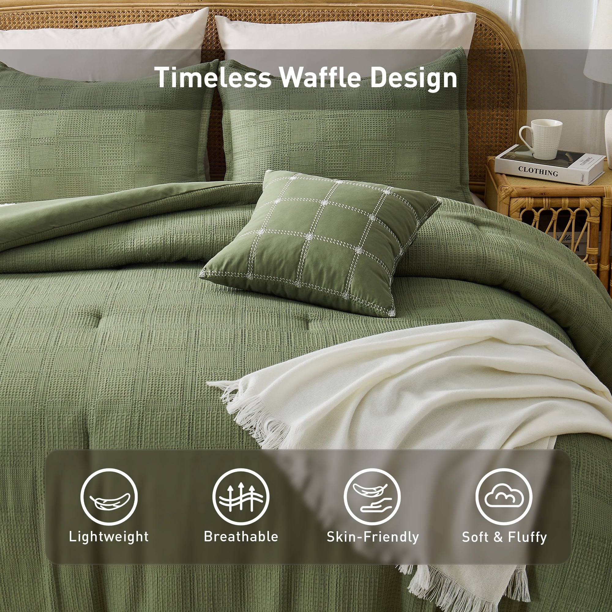Hypoallergenic Cloud Waffle Weave Comforter Set with Throw Blanket for Couch, 5-Piece King/Cal King Size Lightweight Comforter Bet Set for... - Luxurious Quilted Duvet Cover Set Detail