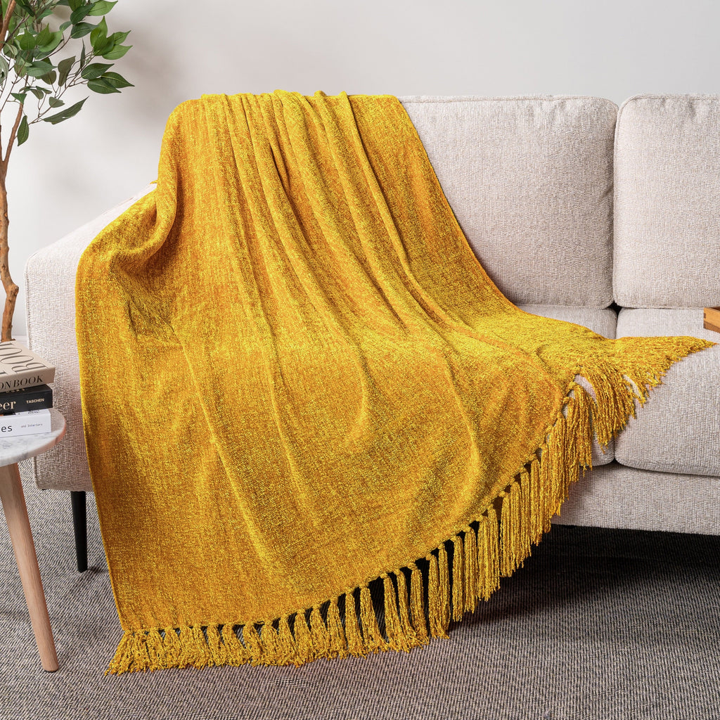 Lightweight Warm Mustard Yellow Chenille Throw Blanket for Couch, Soft Gold Knit Blanket with Tassel Fringe, Woven Chenille Knitted De... - Cozy Fleece Throw Blanket for Couch & Bed Detail