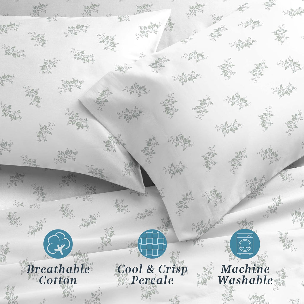Wrinkle-Resistant 100% Cotton Percale 4-Piece Queen Size Deep Pocket Printed Bed Sheets Set, 1 Fitted, 1 Flat Sheet with 2 Pillowcases,... - Cooling Hotel Quality Bedding Sheets and Pillowcases Detail
