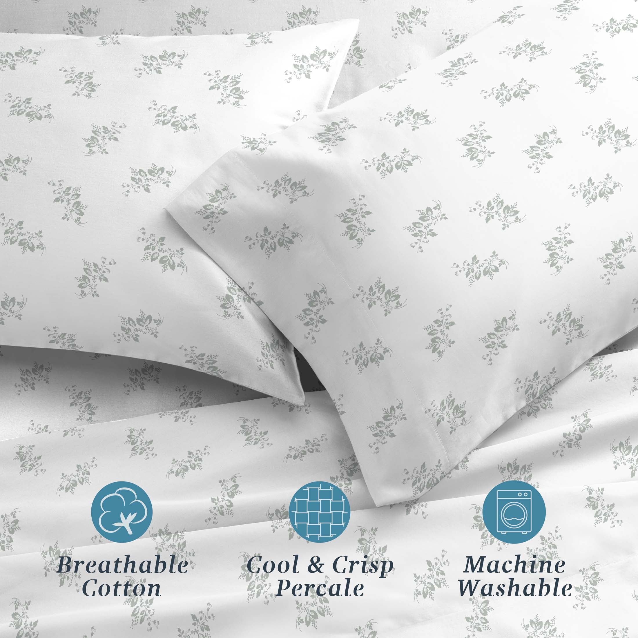 Wrinkle-Resistant 100% Cotton Percale 4-Piece Queen Size Deep Pocket Printed Bed Sheets Set, 1 Fitted, 1 Flat Sheet with 2 Pillowcases,... - Cooling Hotel Quality Bedding Sheets and Pillowcases Detail