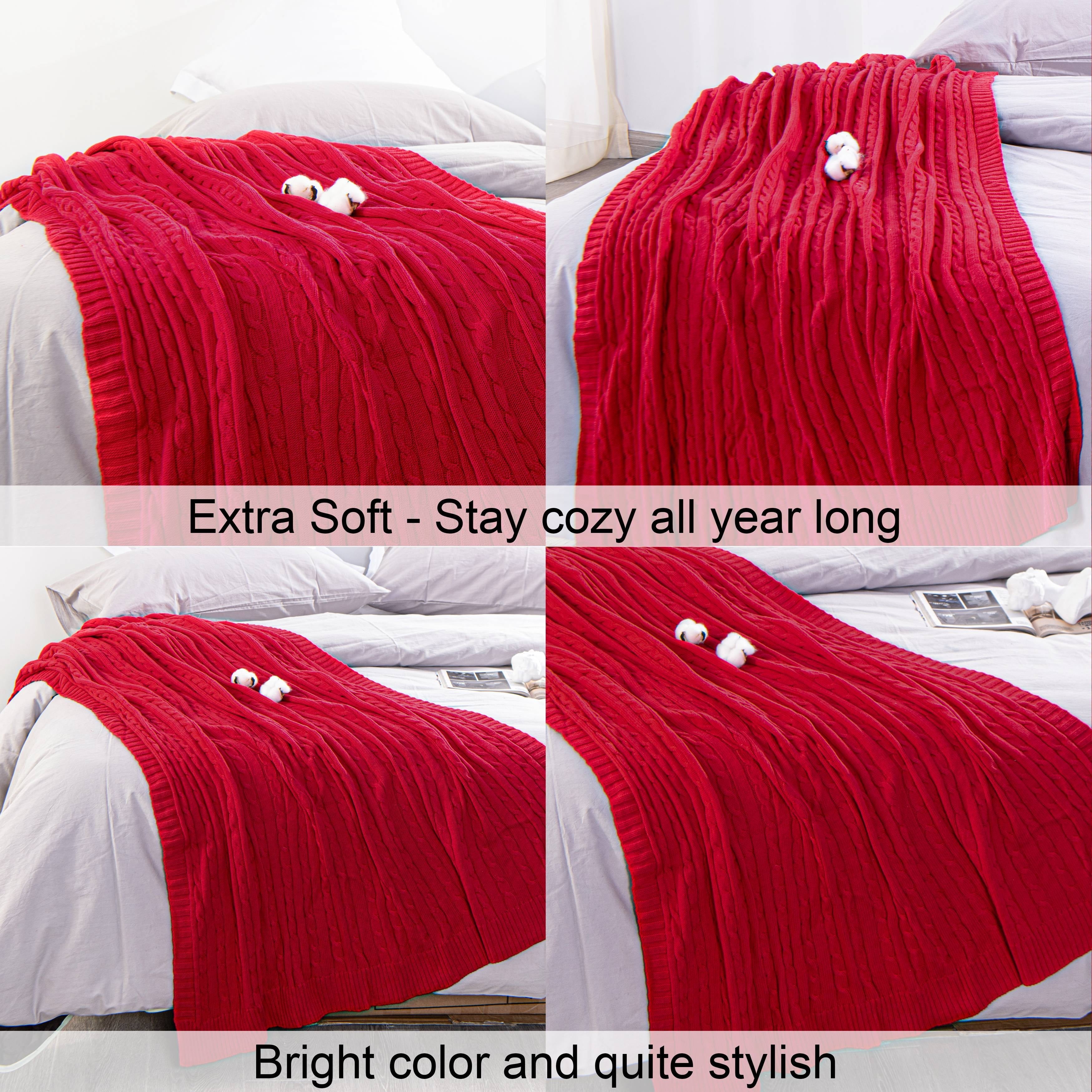 Decorative Knitted 100% Cotton Cable Knit Throw, Super Soft Warm Knitted Blanket Home Decor, 51"x67", Red - Cozy Fleece Throw Blanket for Couch & Bed Detail
