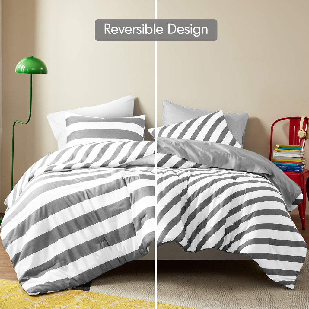 Luxurious Quilted Full/Queen Size Comforter Sets, 3-Piece Bedding Set Full/Queen, Reversible Striped Comforter Bed Set, Charcoal - Cloud-Like Soft Lightweight Bed Comforter Detail