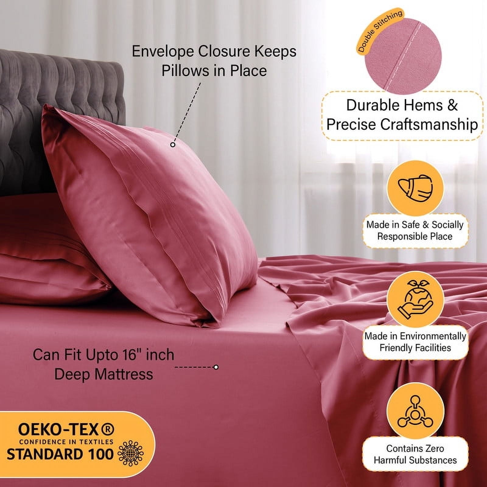 Premium Egyptian Cotton Size Sheet Set, 4-Piece Plain Soft Microfiber – Deep Pocket Bed Sheets, Includes 1 Fitted Sheet, 1 Flat Sheet, 2 Pill... - Premium Ultra-Soft Pillowcase Pair for Sleeping Detail