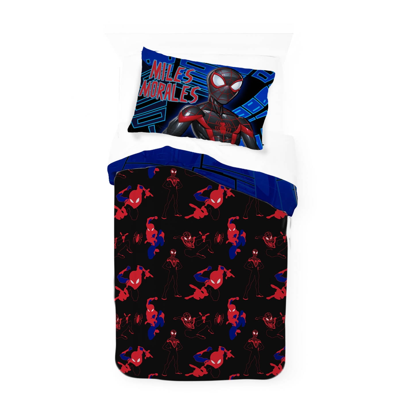 All-Season Spiderman Techno City Kids 2 Piece Blue Reversible Comforter and Pillowcase Set, Twin/Full - Luxurious Quilted Duvet Cover Set Detail