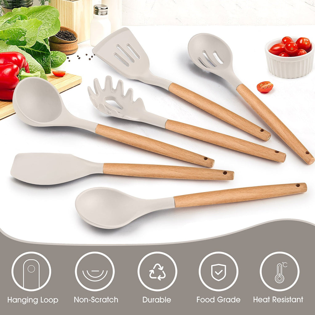 Heat-Resistant Kitchen Utensils Set of 6, Silicone Cooking Utensils with Wooden Handle, Non-Stick Cookware & Heat Resistant, Include... - Premium Stainless Steel Cooking Utensil for Non-Stick Pots Detail