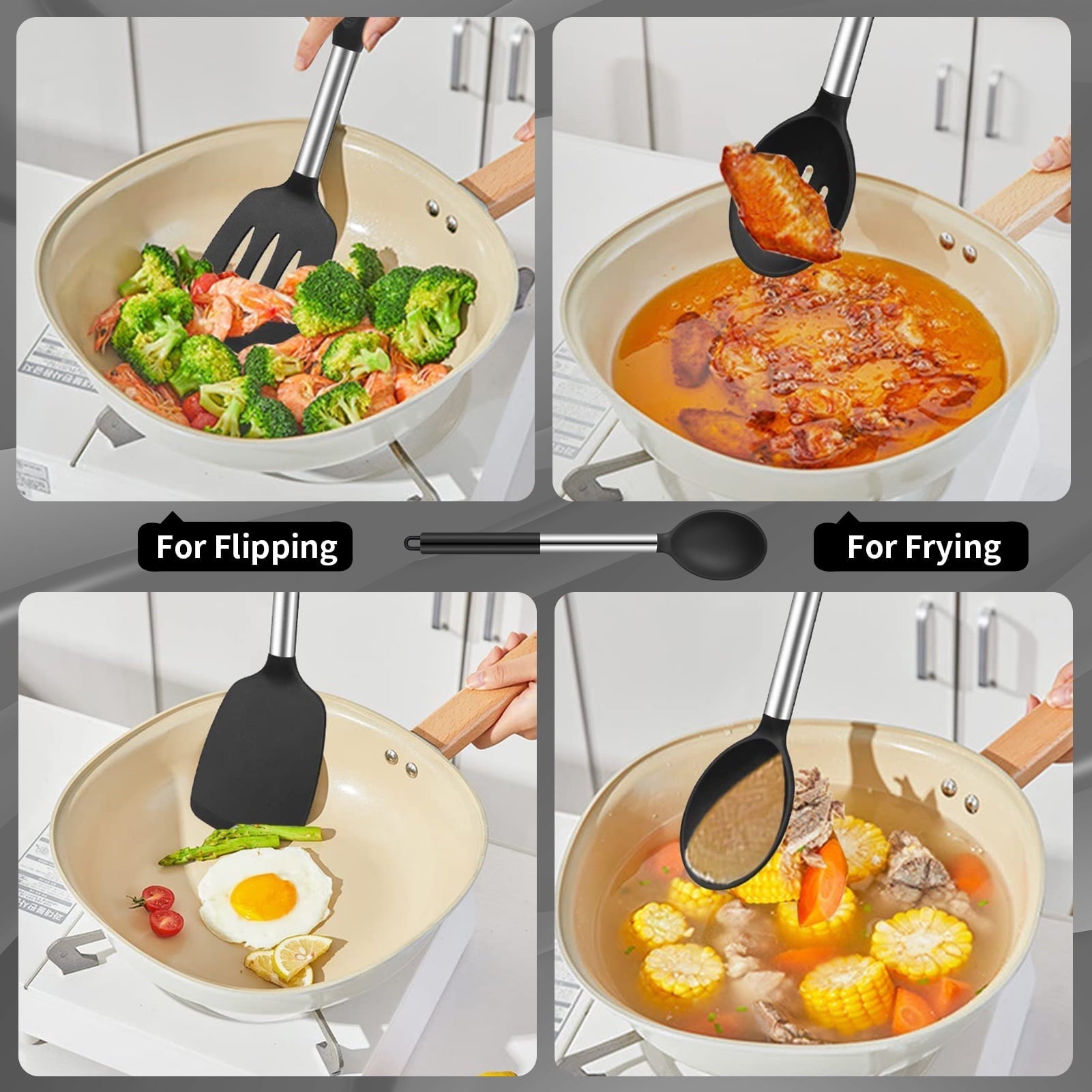 Seamless One-Piece Silicone Cooking Spatulas and Spoons, 4 Pack Heat Resistant Silicone Cooking Utensils Set, Non-stick Large Ki... - Durable Turner & Ladle Utensil Set for Home Chefs Detail