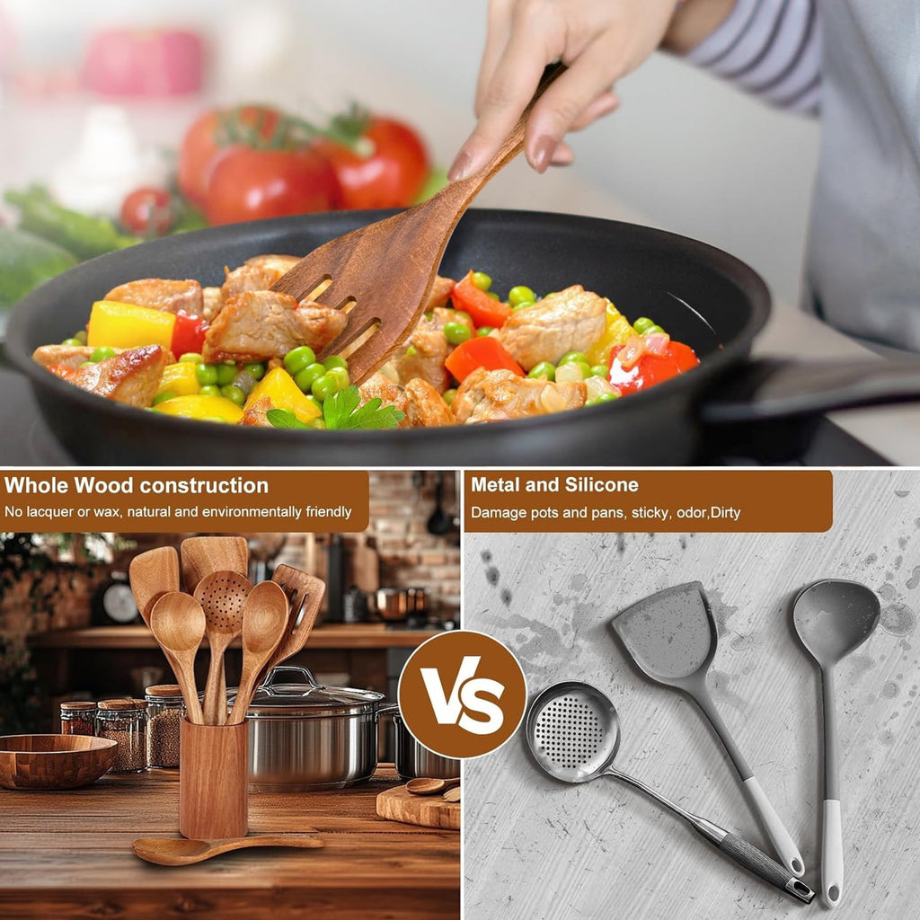 Premium Silicone Wooden Spoons for Cooking, 8 Pcs Natural Teak Wooden Utensils Set, Non-Stick & Heat Resistant Durable Wood ... - Durable Turner & Ladle Utensil Set for Home Chefs Detail