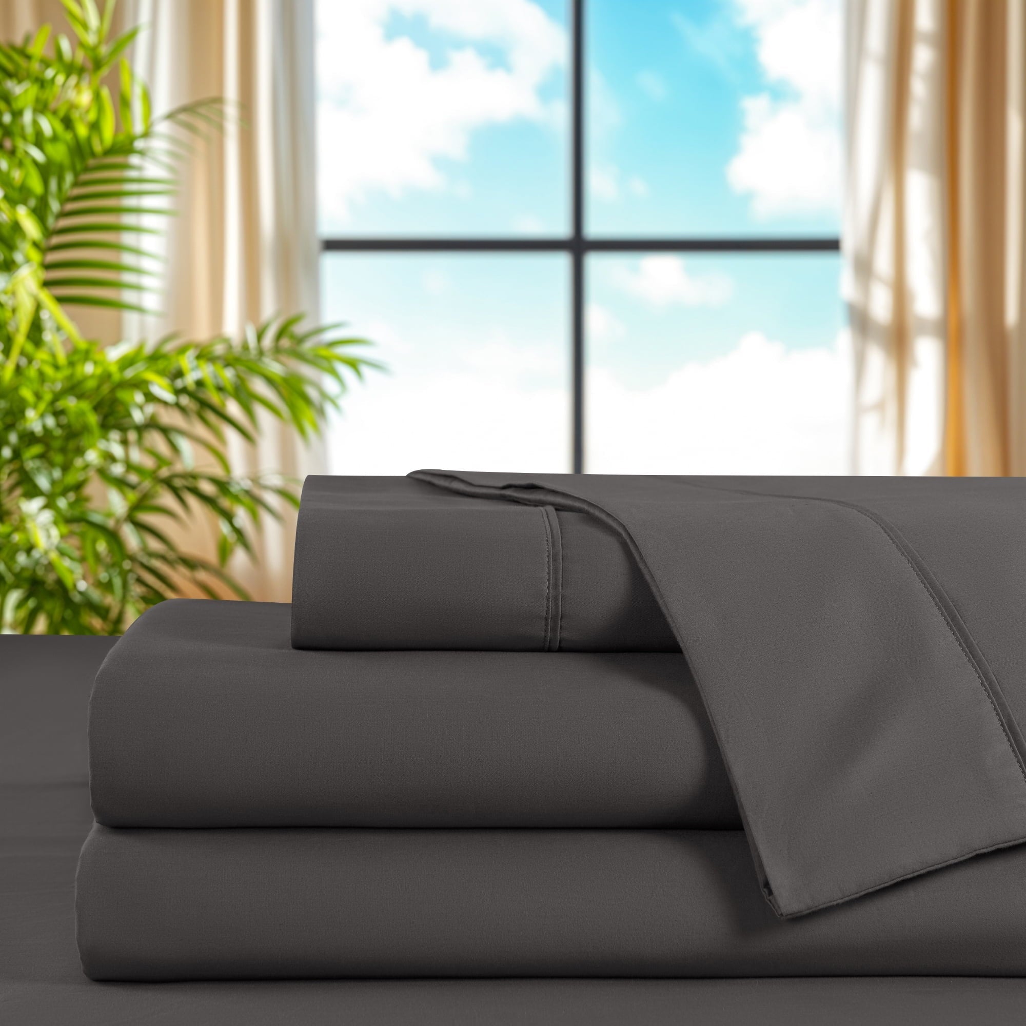 Cooling Sateen 100% Cotton Bed Sheets Set, 1000 Thread Count 4 Piece Luxury Soft Sheets Set with 16" Deep Pocket, Queen, Dark Gray - Luxury Bed Sheet Set with Deep Pockets Detail