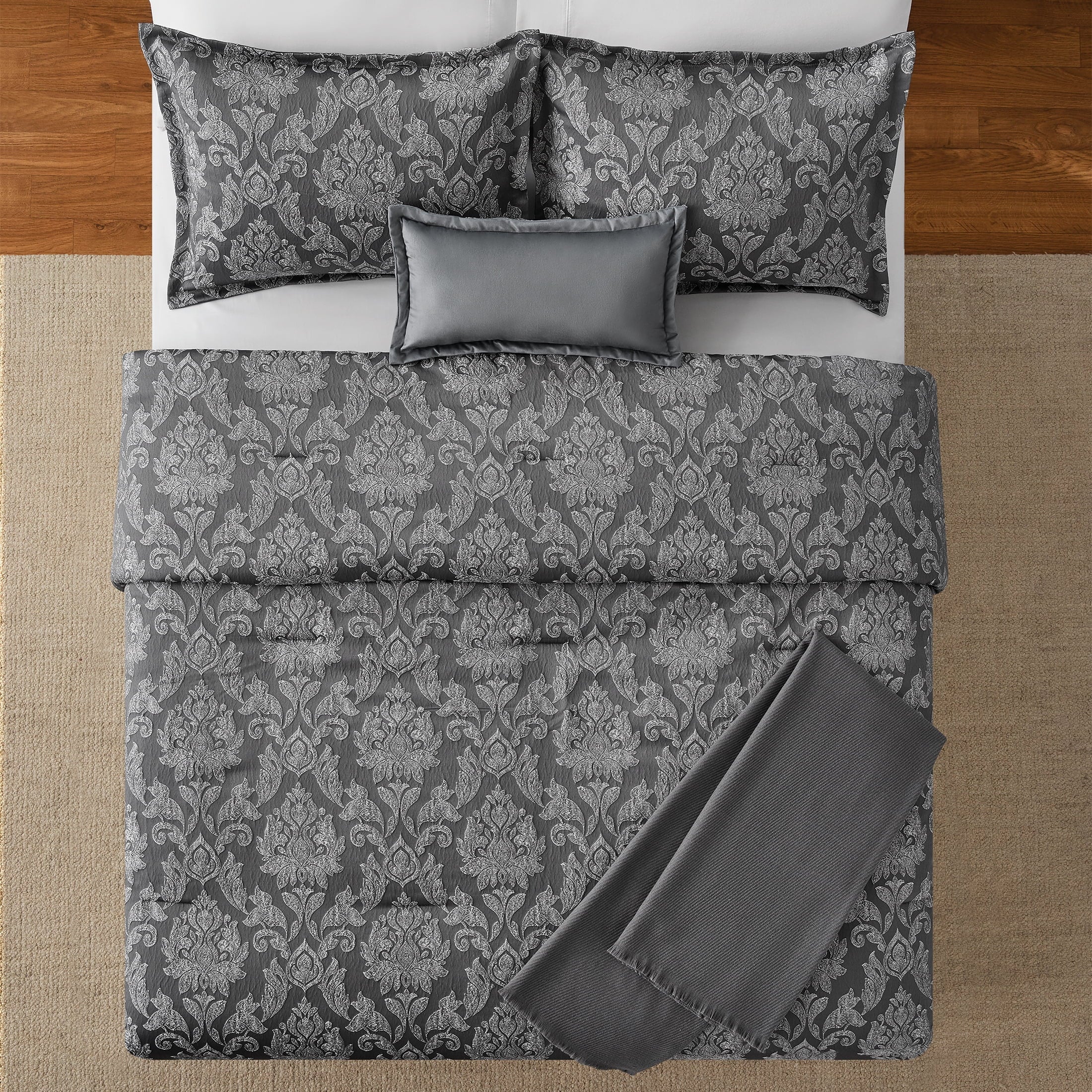All-Season Full/Queen Comforter Set, All-Season, 5-Piece, Grey Jacquard Damask - Hypoallergenic Ultra-Fluffy Quilt for Winter Detail