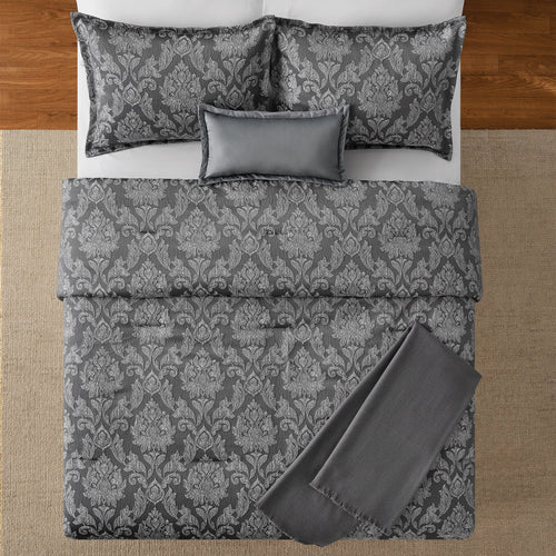 All-Season Full/Queen Comforter Set, All-Season, 5-Piece, Grey Jacquard Damask - Hypoallergenic Ultra-Fluffy Quilt for Winter Detail