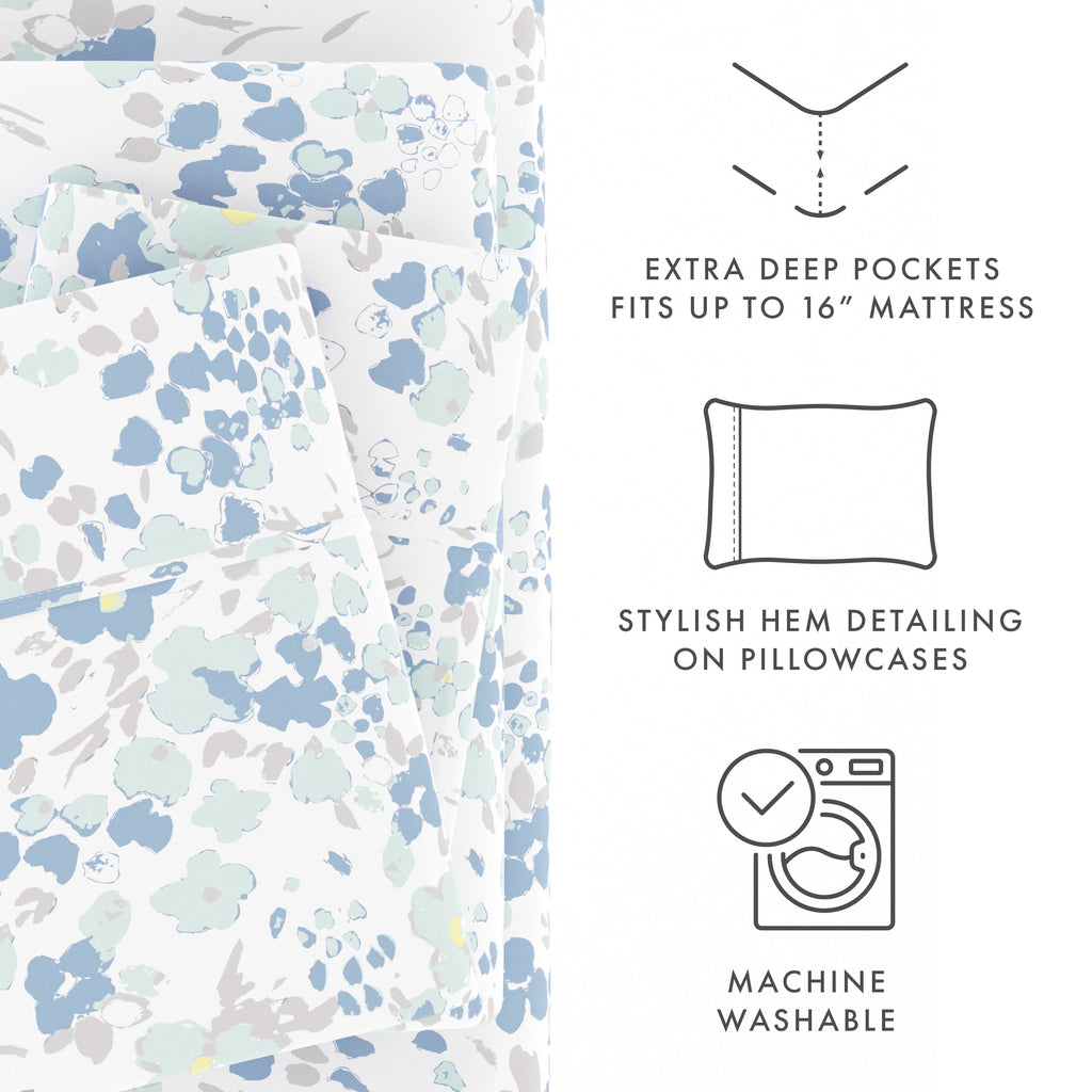 Ultra-Soft 4 Piece Pattern Microfiber Bed Sheets Set, Light Blue Violets, Full - Breathable Egyptian Cotton Flat & Fitted Sheets Detail