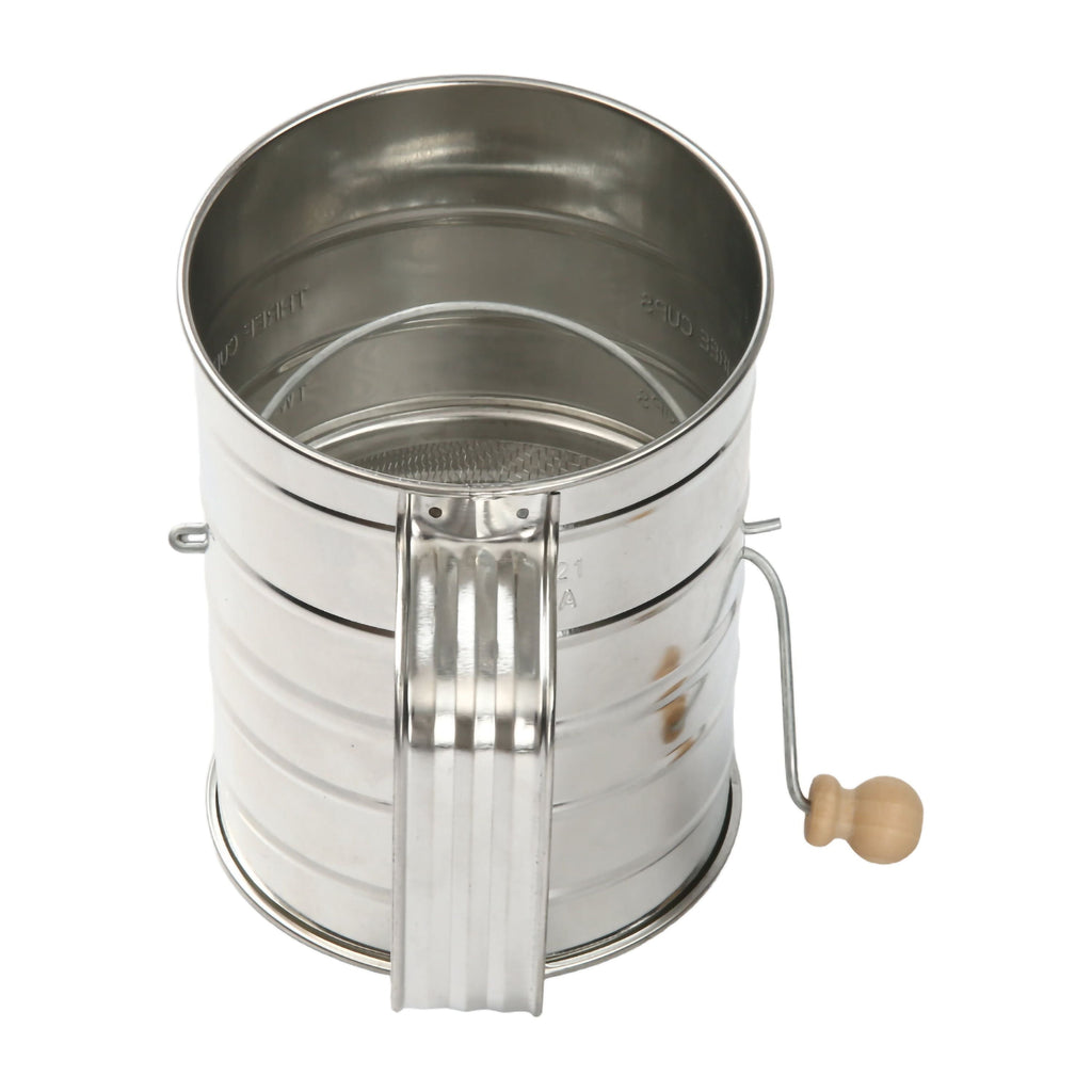 Multi-Functional Stainless Steel 3 Cup Flour Hand-Crank Sifter with Beechwood Handle Silver - Kitchen Gadget Tool for Quick Food Prep Detail